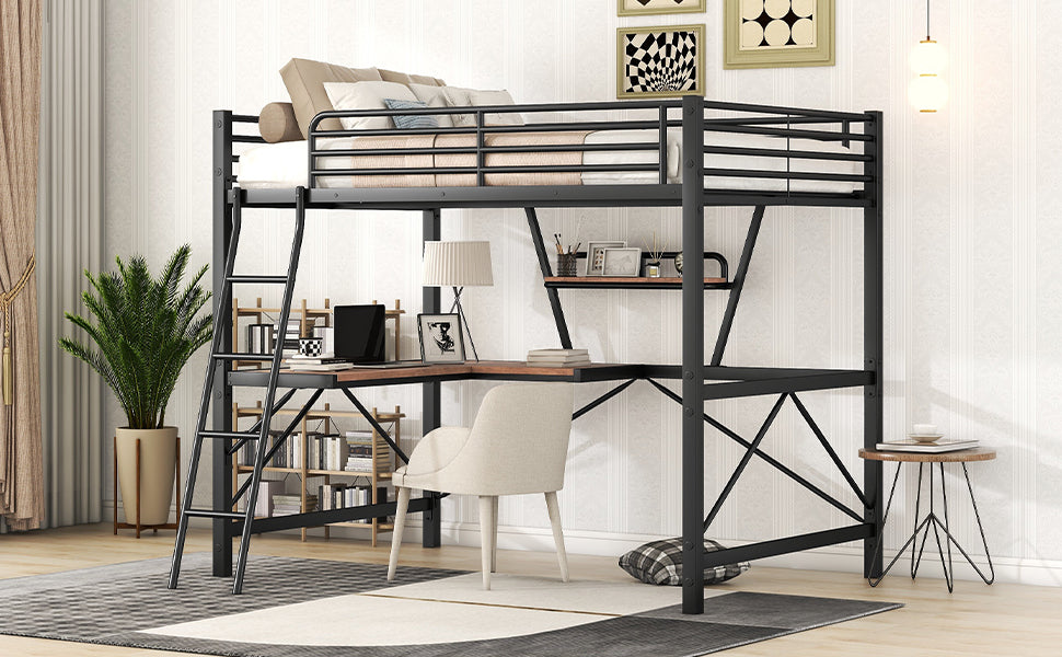 Full Size Loft Metal&MDF Bed with Desk and Shelf, Black