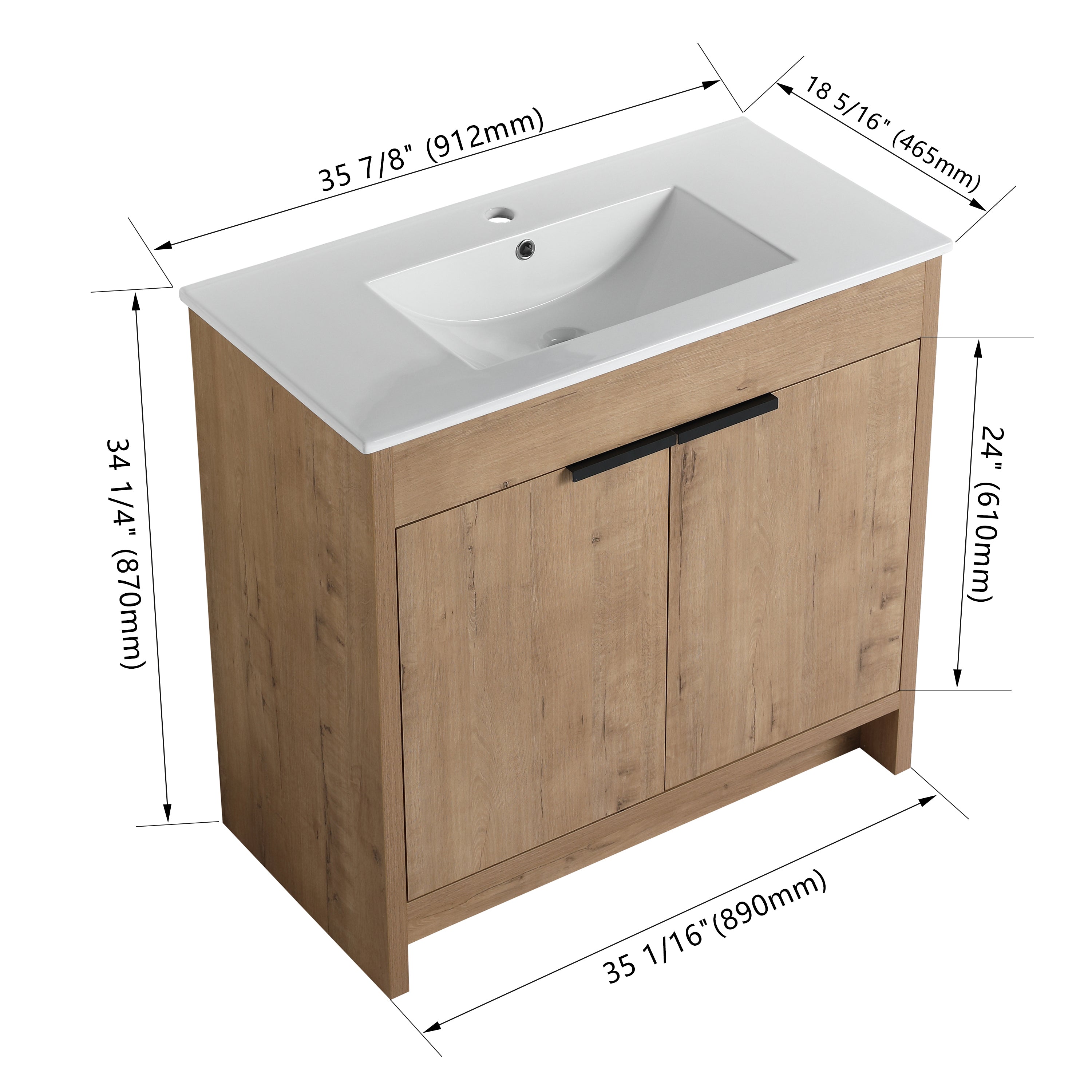 36" Freestanding Bathroom Vanity with White Ceramic Sink & 2 Soft-Close Cabinet Doors ((KD-PACKING),BVB02436IMO-F-BL9090B