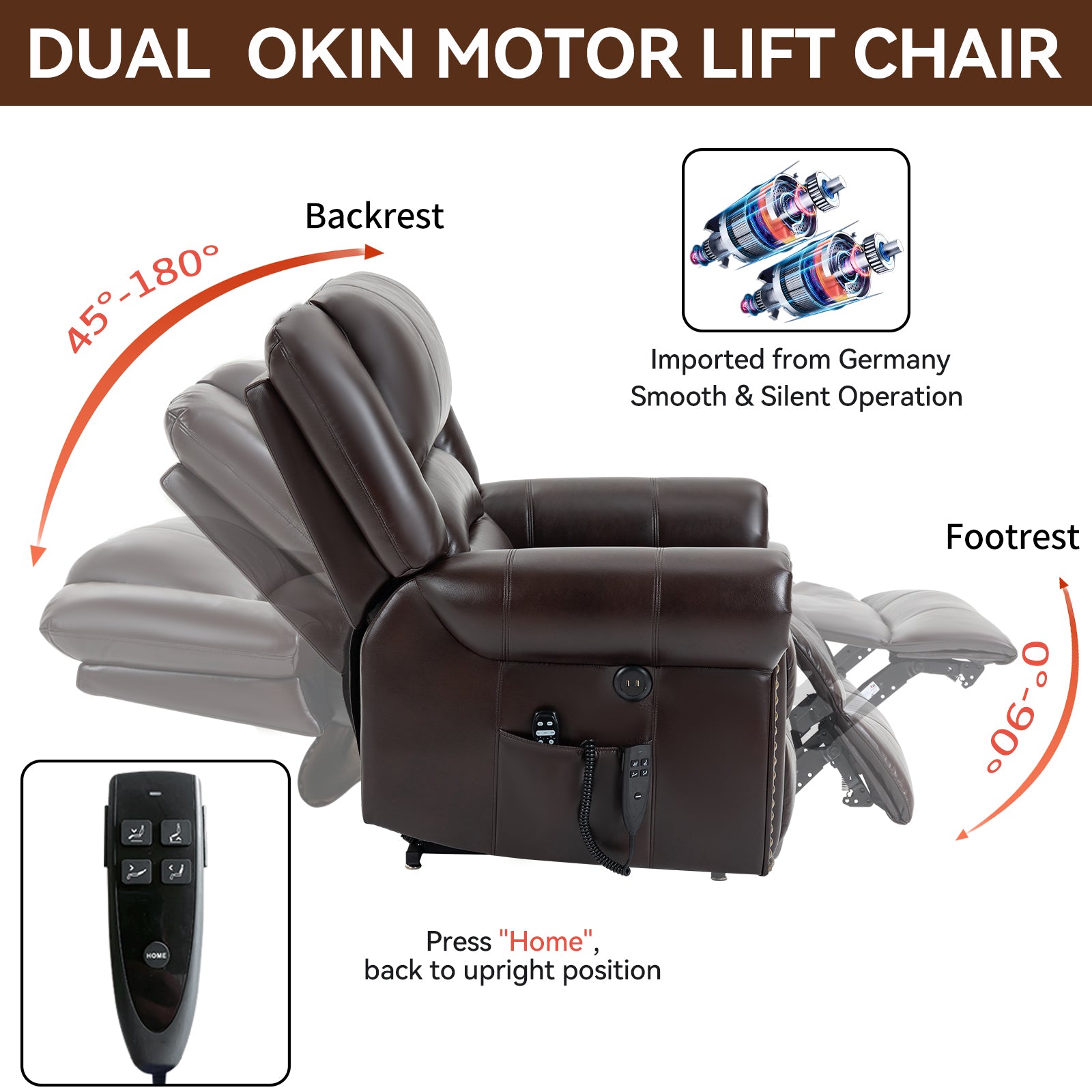 Power Lift Recliner Chair Heat Massage Dual Motor Infinite Position Up to 350 LBS, Faux Leather, Heavy Duty Motion Mechanism with USB Ports, Brown