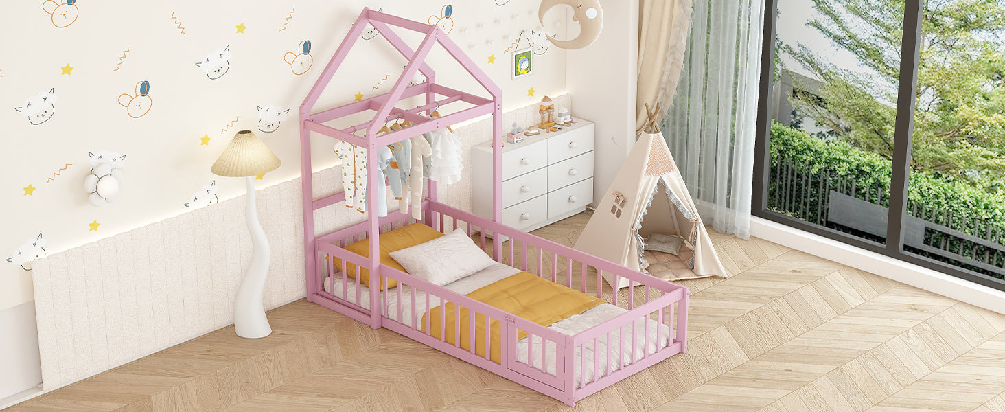 Wooden Floor Bed with Fence Railings and Detachable House Shape Headboard, Twin Size Bed with Kids Dress Up Rack, Kids Montessori Style Playhouse Frame for Girls Boys, Pink