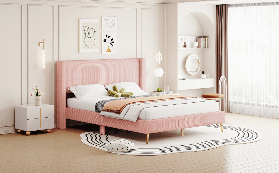 Queen Size Corduroy Platform Bed with Metal Legs, Pink(old sku:WF300238AAH)