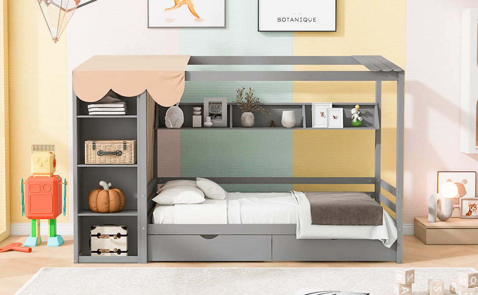 Twin size House Bed with Two Drawers and Wardrobe,Gray