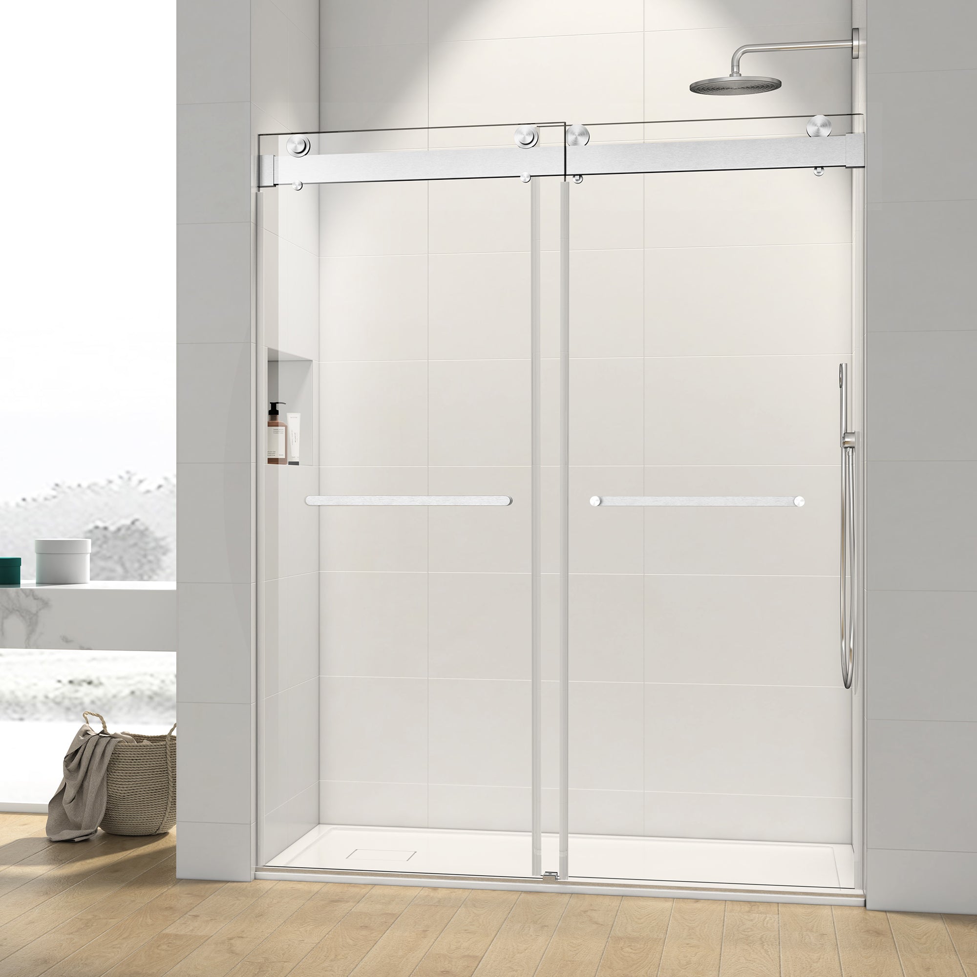 (43-48"W x 76"H), (56- 60"W x 76"H) Sliding Frameless Soft-Close Shower Door with Premium 3/8 Inch (10mm) Thick Tampered Glass in Chrome