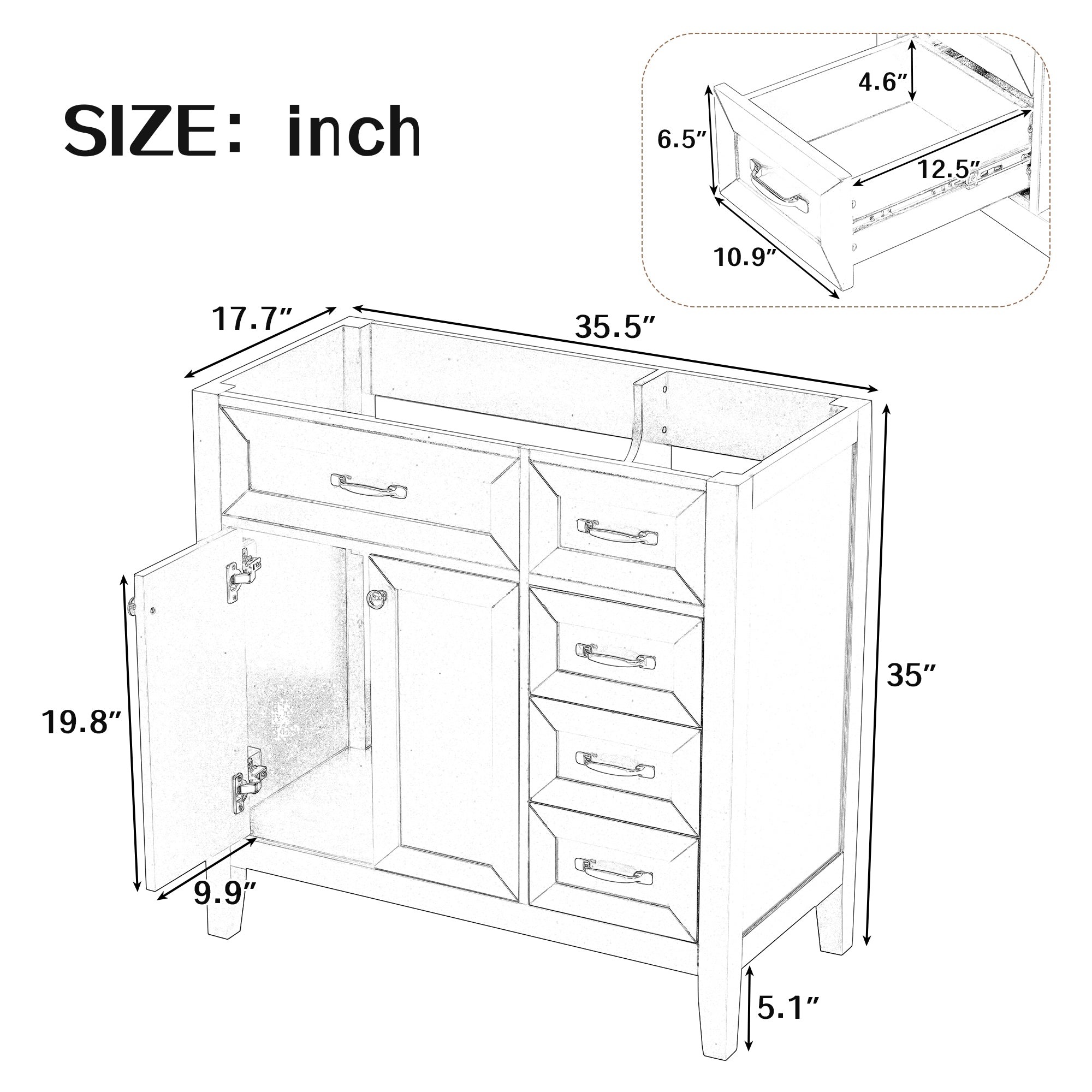 36" Bathroom Vanity without Sink, Cabinet Base Only, Bathroom Cabinet with Drawers, Solid Frame and MDF Board, Black