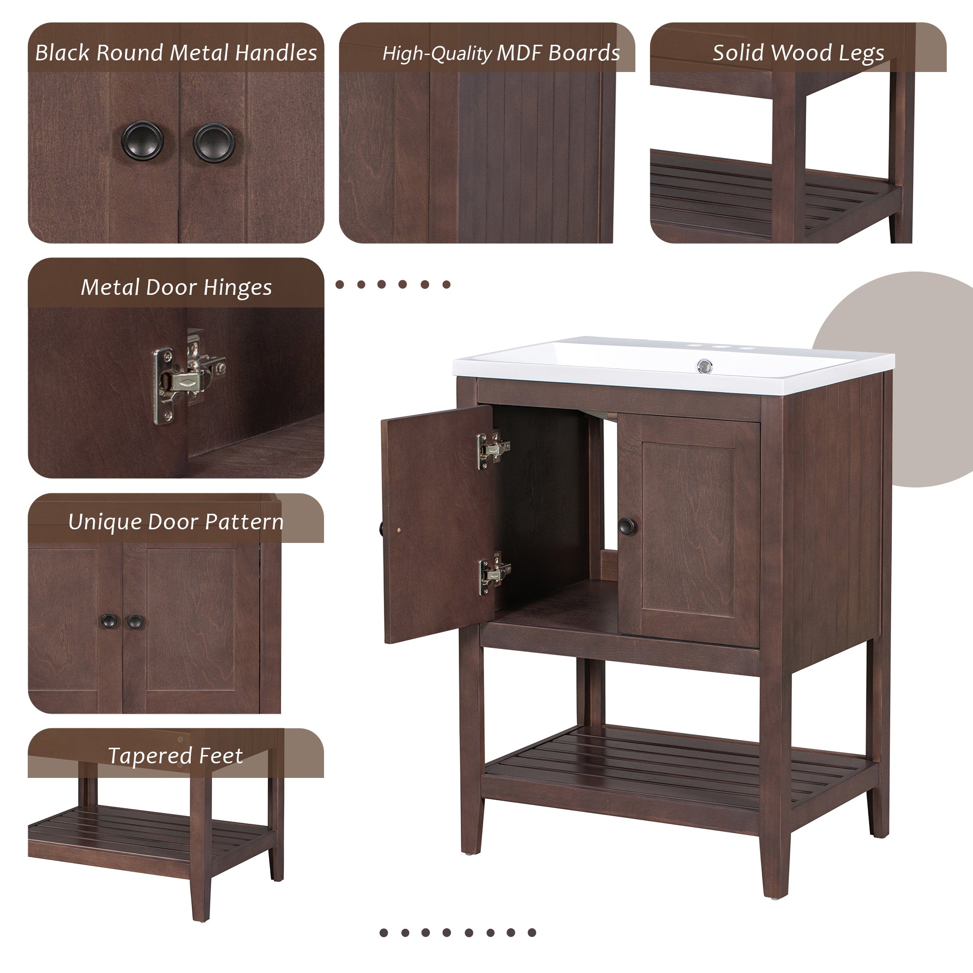 24" Bathroom Vanity Base Only, Soild Wood Frame, Bathroom Storage Cabinet with Doors and Open Shelf, Brown