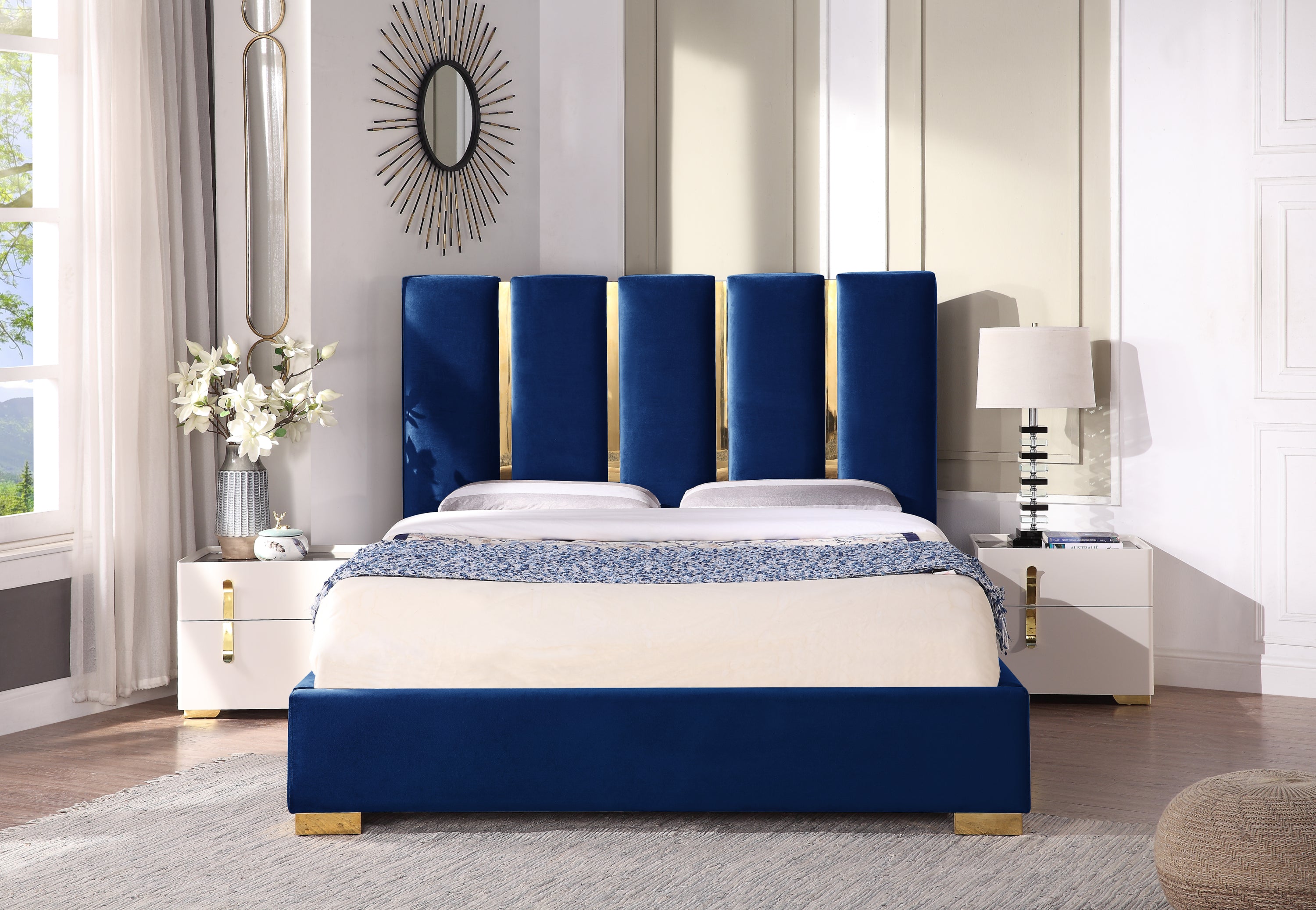 Contemporary Velvet Upholstered Bed, Solid Wood Frame, High-density Foam, Gold Metal Leg, King Size