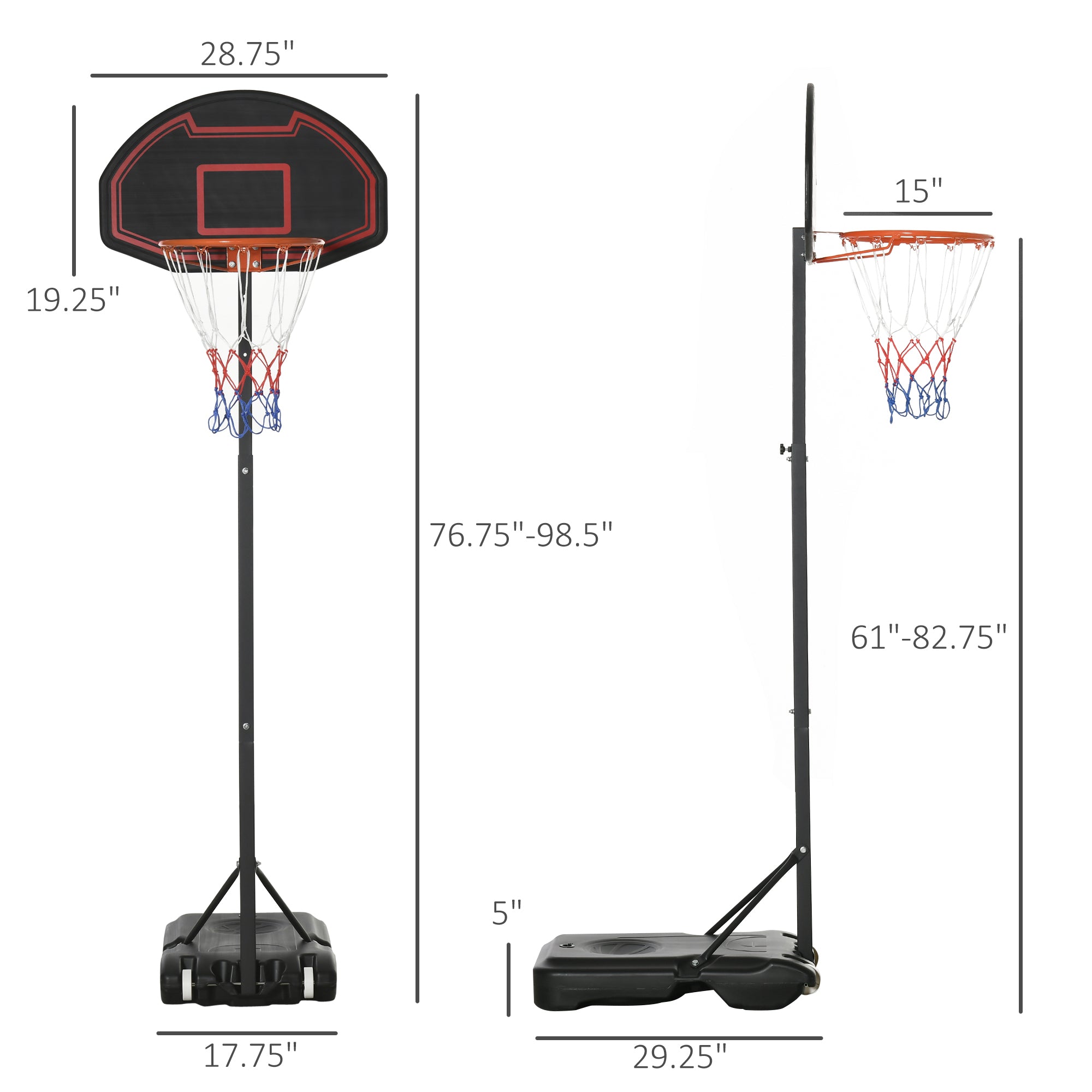 Soozier Portable Basketball Hoop Stand, 5.1-6.9ft Height-Adjustable Basketball System with 29'' Backboard and Wheels for Indoor and Outdoor Use, Black