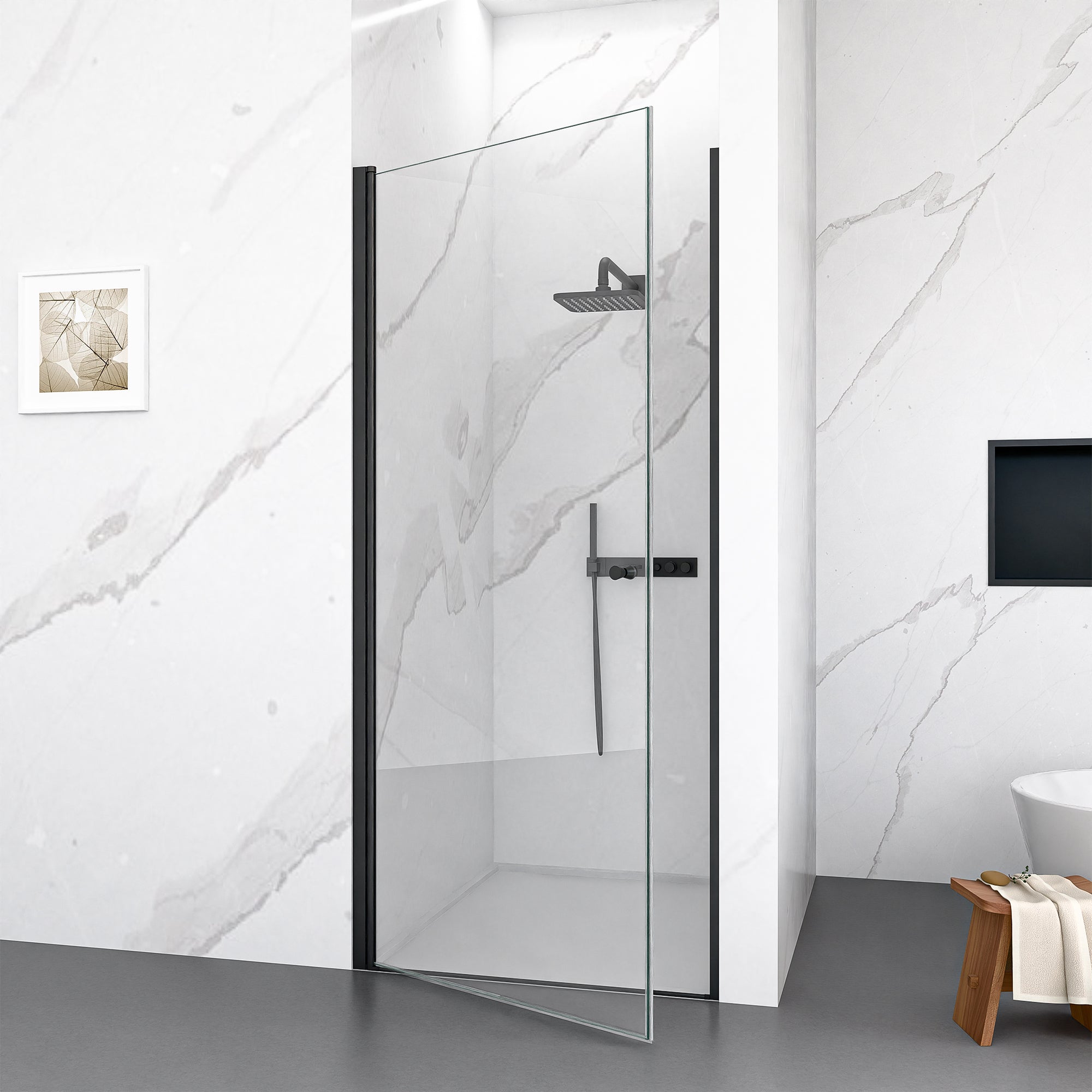 Frameless pivot shower door 32 in by 72 in matte black angled view