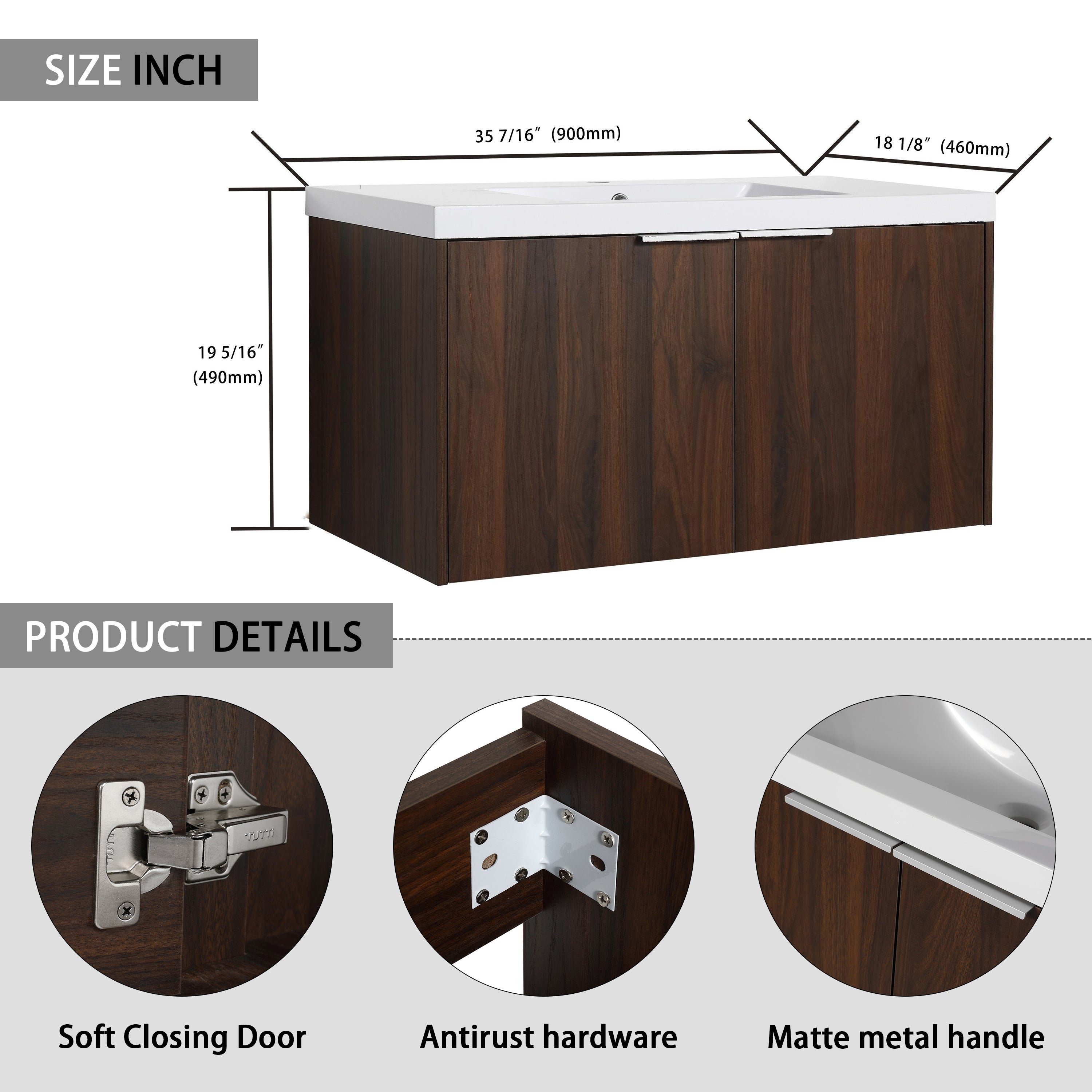 Modern Design 36 Inch Float Mounting Bathroom Vanity With Sink Soft Close Door,2 Doors-00636CAW(KD-Packing)