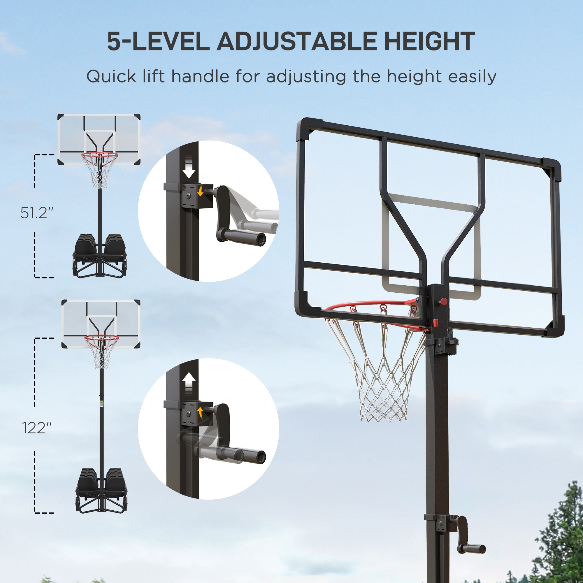 Soozier Portable Basketball Hoop, Fully Foldable Basketball Goal, 4.3-10.2ft Height Adjustable Basketball System with 4 Wheels and Extra Wide Base for Teenagers, Youth & Adults