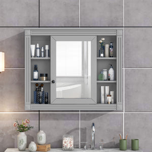 35 inch wall mounted modern bathroom medicine mirror cabinet with 6 open shelves, front view