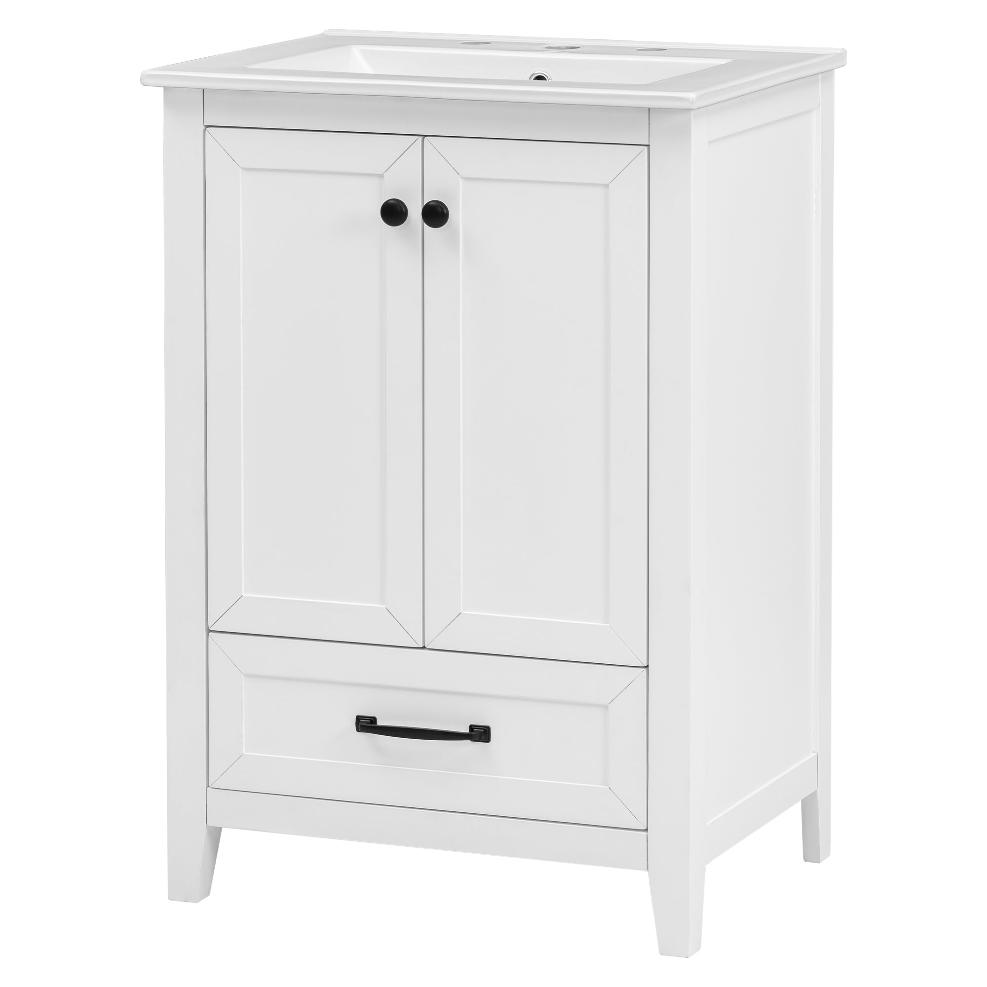 24" Bathroom Vanity with Sink, Bathroom Vanity Cabinet with One Drawer and Doors, Solid Wood and MDF, White