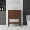 24 inch freestanding bathroom vanity with ceramic sink, brown finish, front view