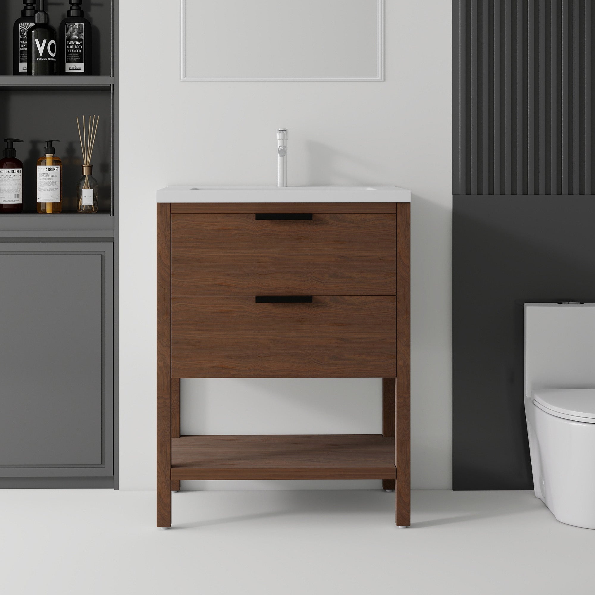 24 inch freestanding bathroom vanity with ceramic sink, brown finish, front view