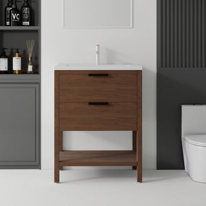 24 inch freestanding bathroom vanity with ceramic sink, brown finish, front view