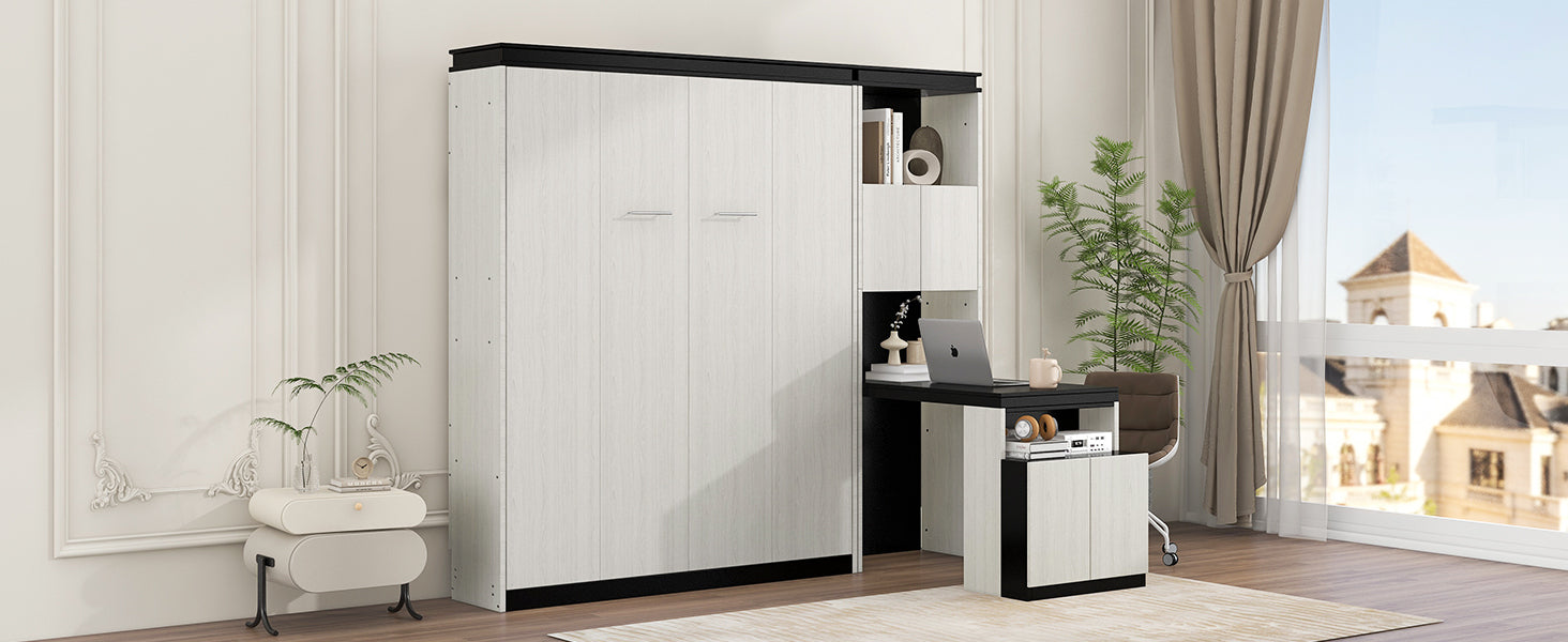 Full Size Murphy Bed with Desk and Storage Shelves and  Cabinets, Black+White