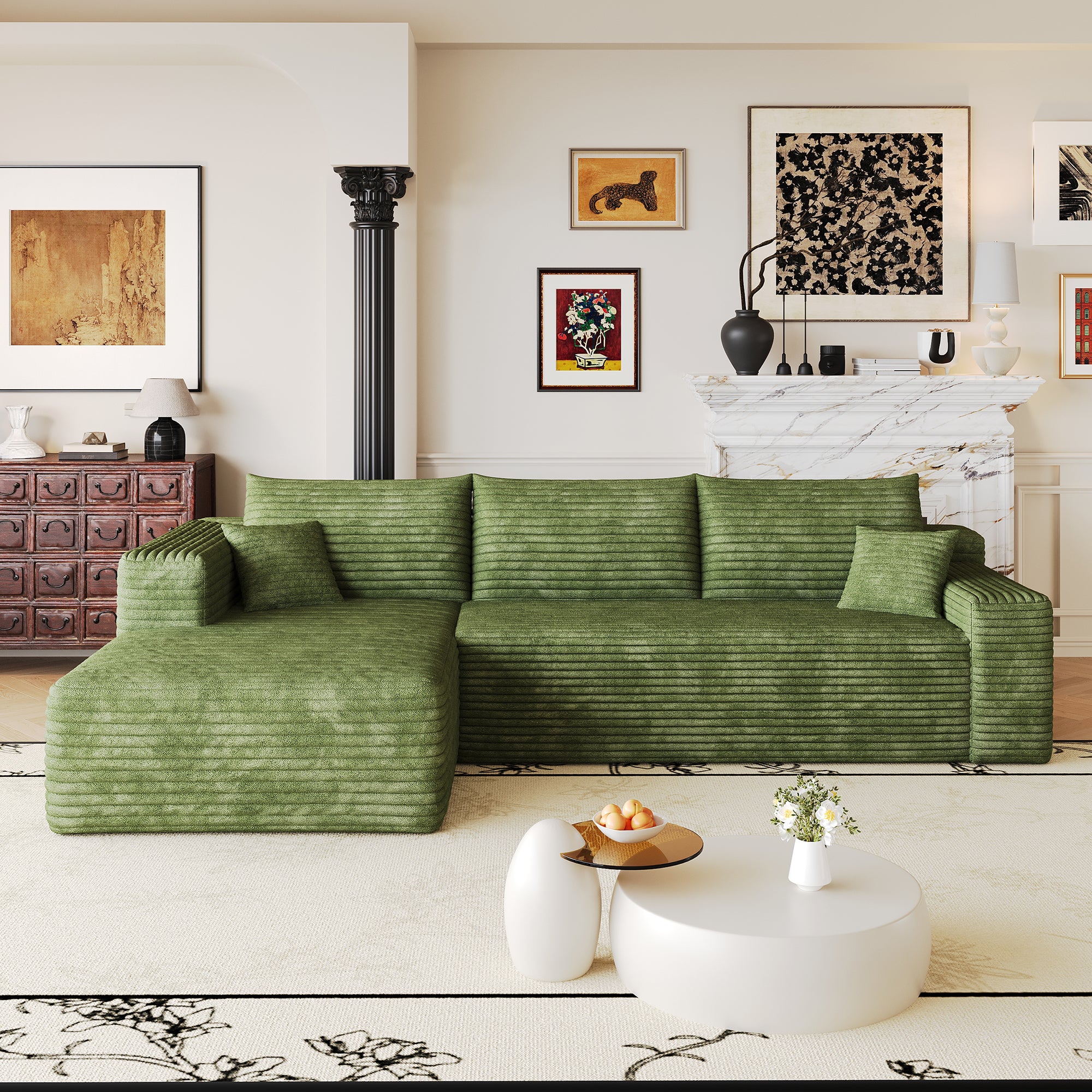 Green minimalist corduroy sectional couch, corner configuration view