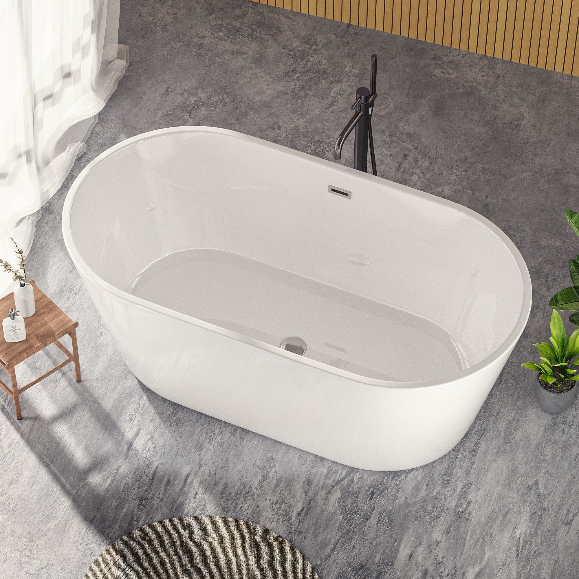 60'' Freestanding Gloss White Acrylic Soaking Bathtub with Toe-Tap Chrome Drain and Classic Slotted Overflow, 24A02-60