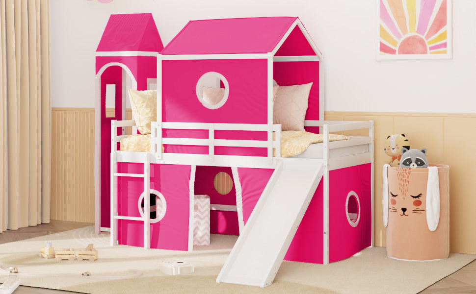 Twin Size Loft  Bed with Slide Pink Tent and Tower - Pink (OLD SKU:WF298769AAH)