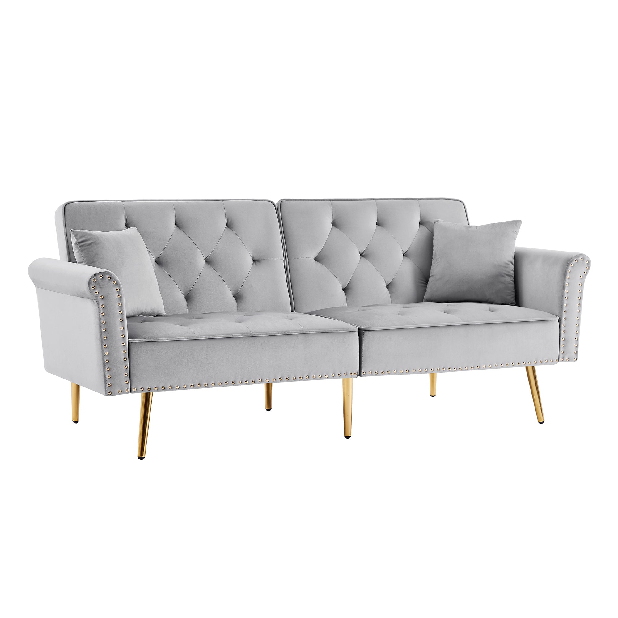 GREY Velvet Tufted Sofa Couch with 2 Pillows and Nailhead Trim