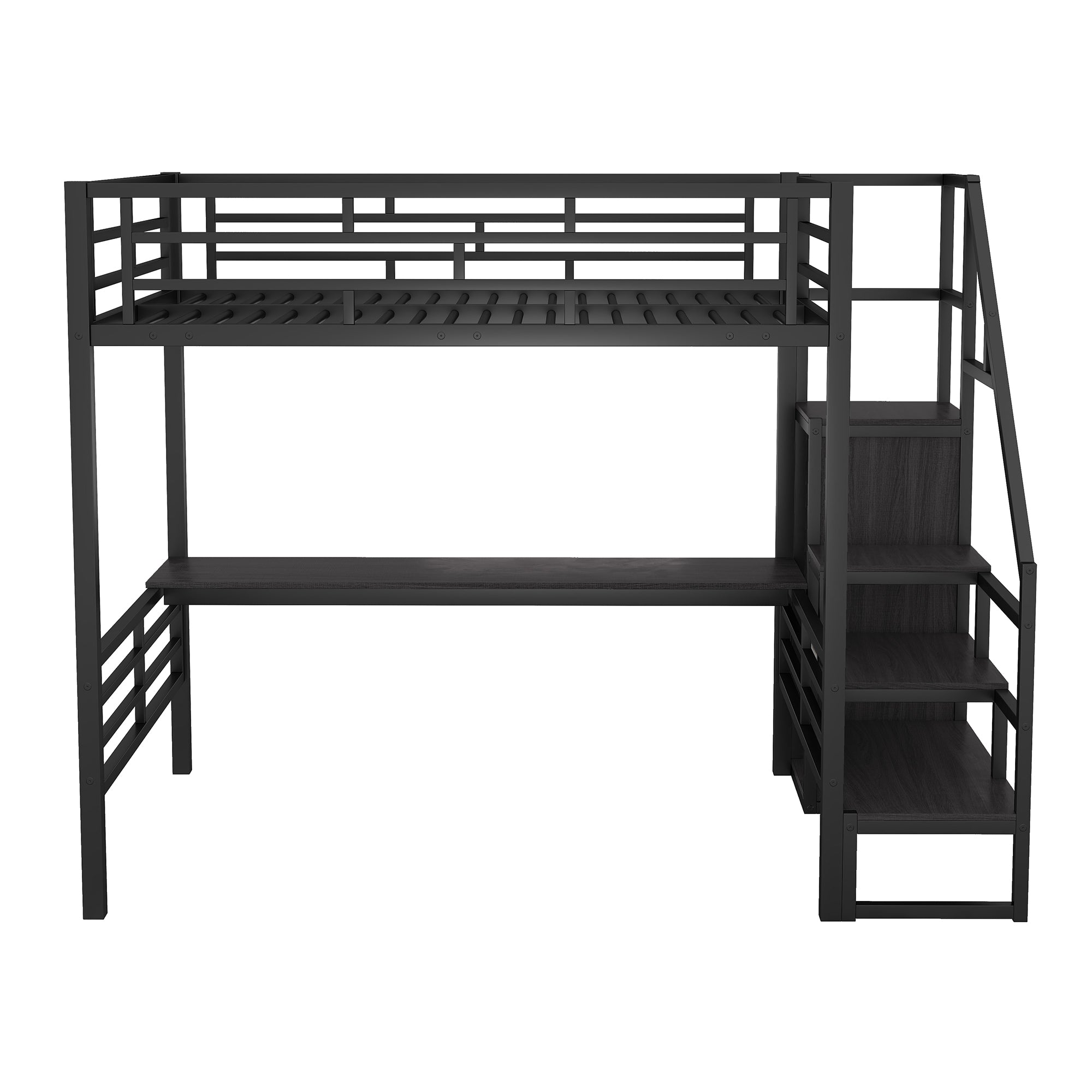 Full Size Metal Loft Bed with Desk, Storage Staircase and Small Wardrobe, Storage stairs can be installed left and right,Black