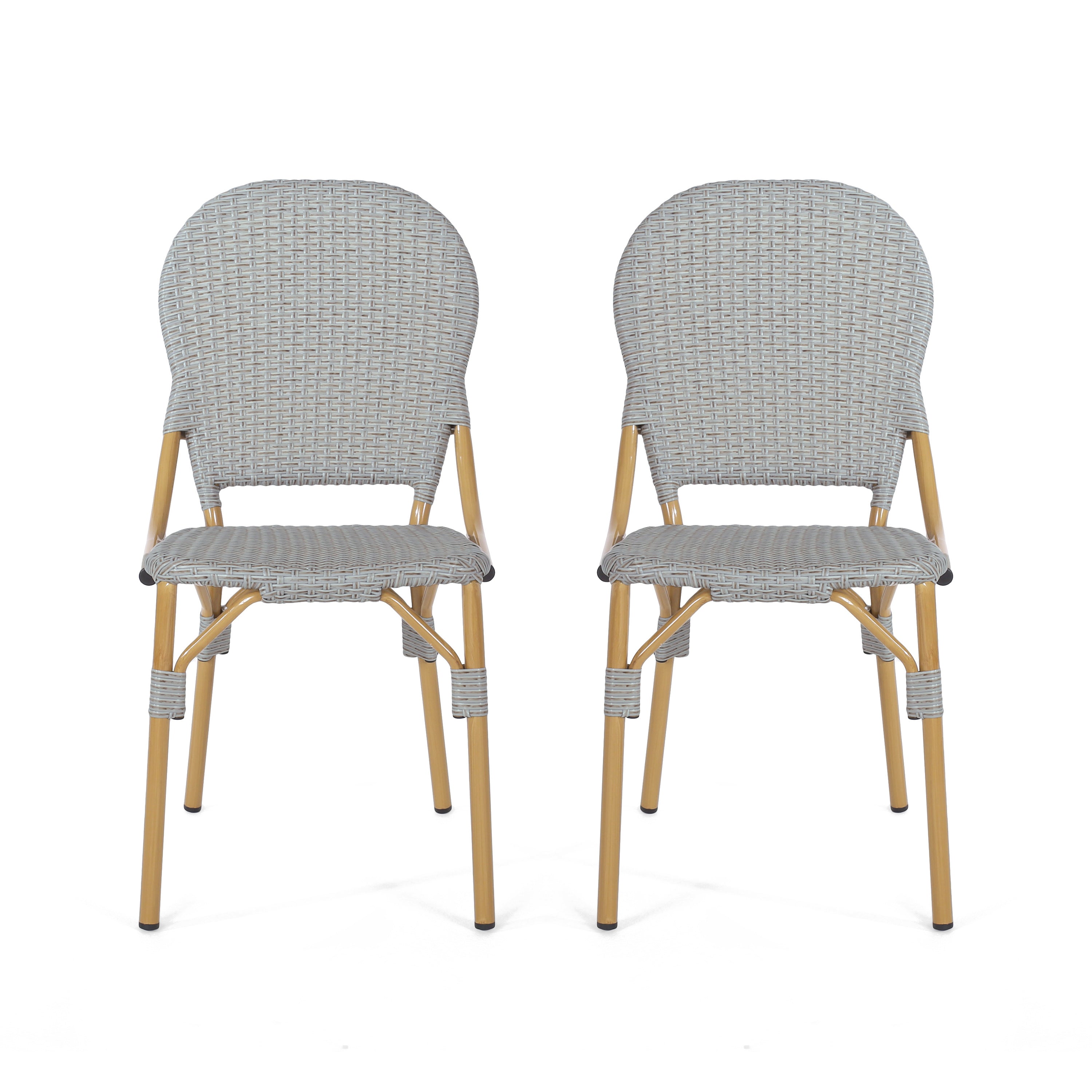 Outdoor PE Rattan and Aluminum Armless French Bistro Chairs, Set of 2, Gray and Bamboo Finish