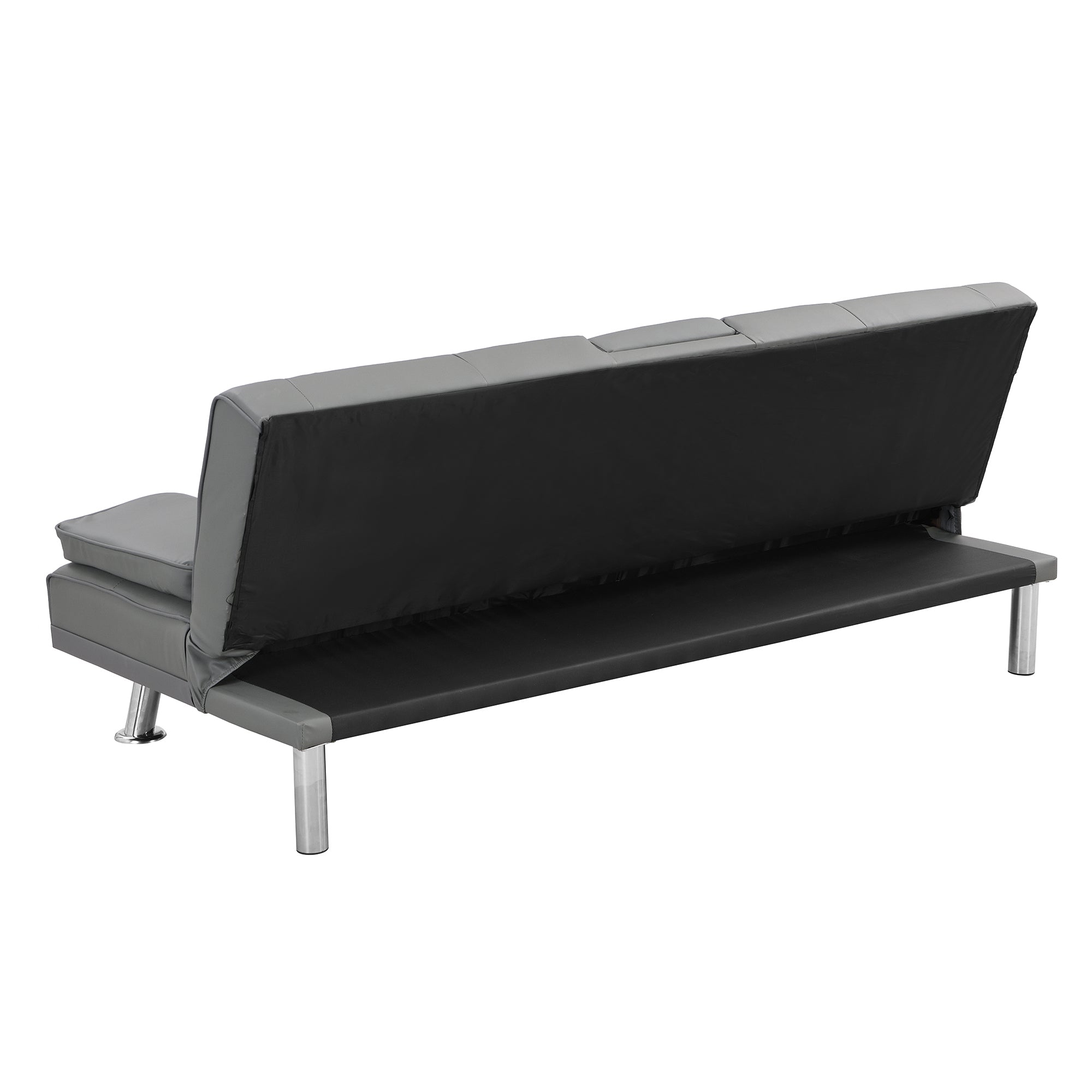 Sofa Bed with Armrest two holders WOOD FRAME, STAINLESS LEG, FUTON GREY PVC