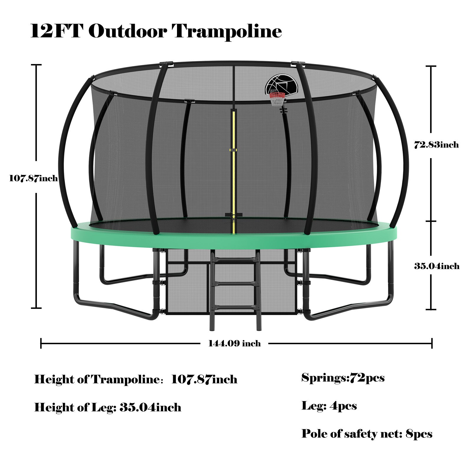 12FT Recreational Kids Trampoline with Safety Enclosure Net & Ladder, Outdoor Recreational Trampolines