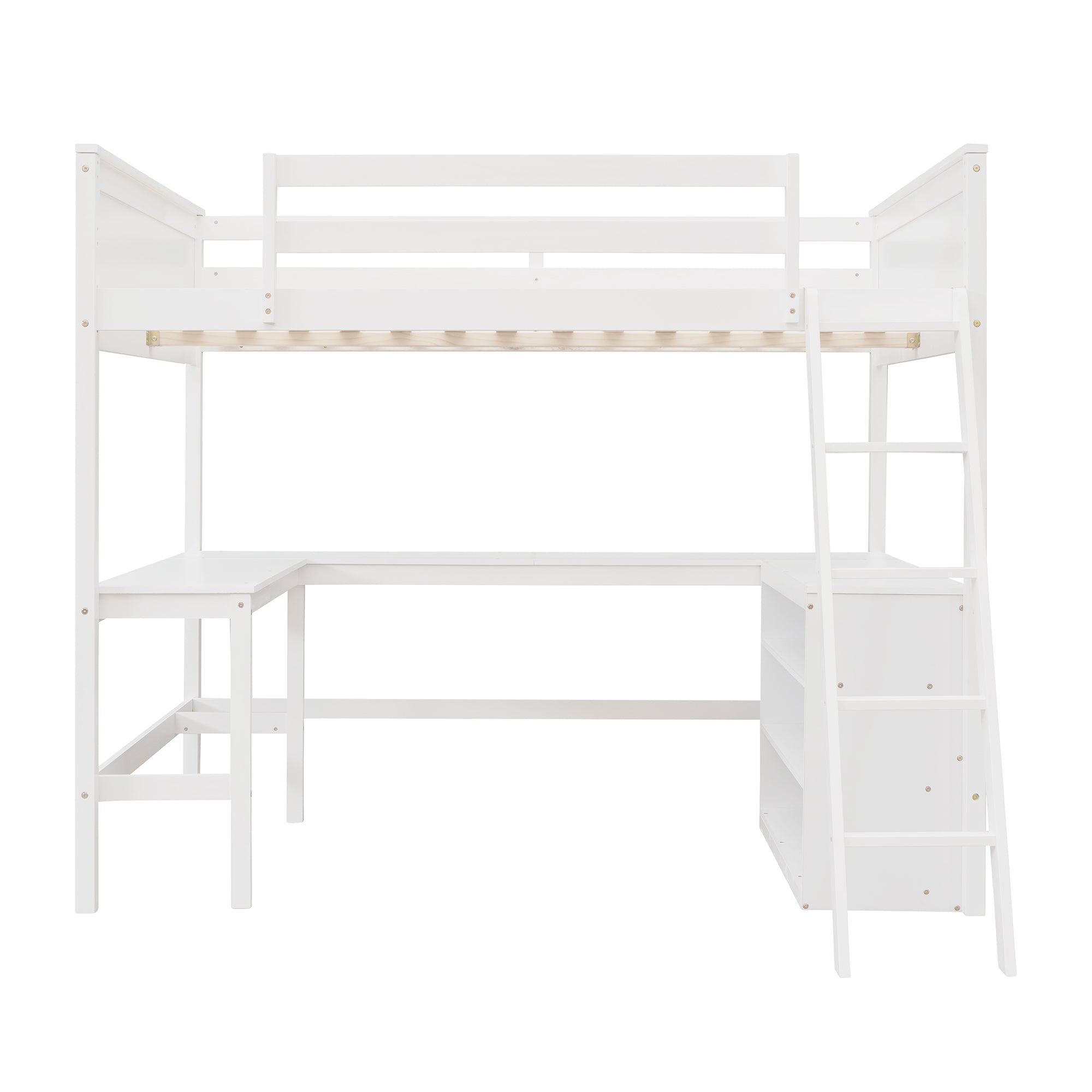 Full size Loft Bed with Shelves and Desk, Wooden Loft Bed with Desk - White