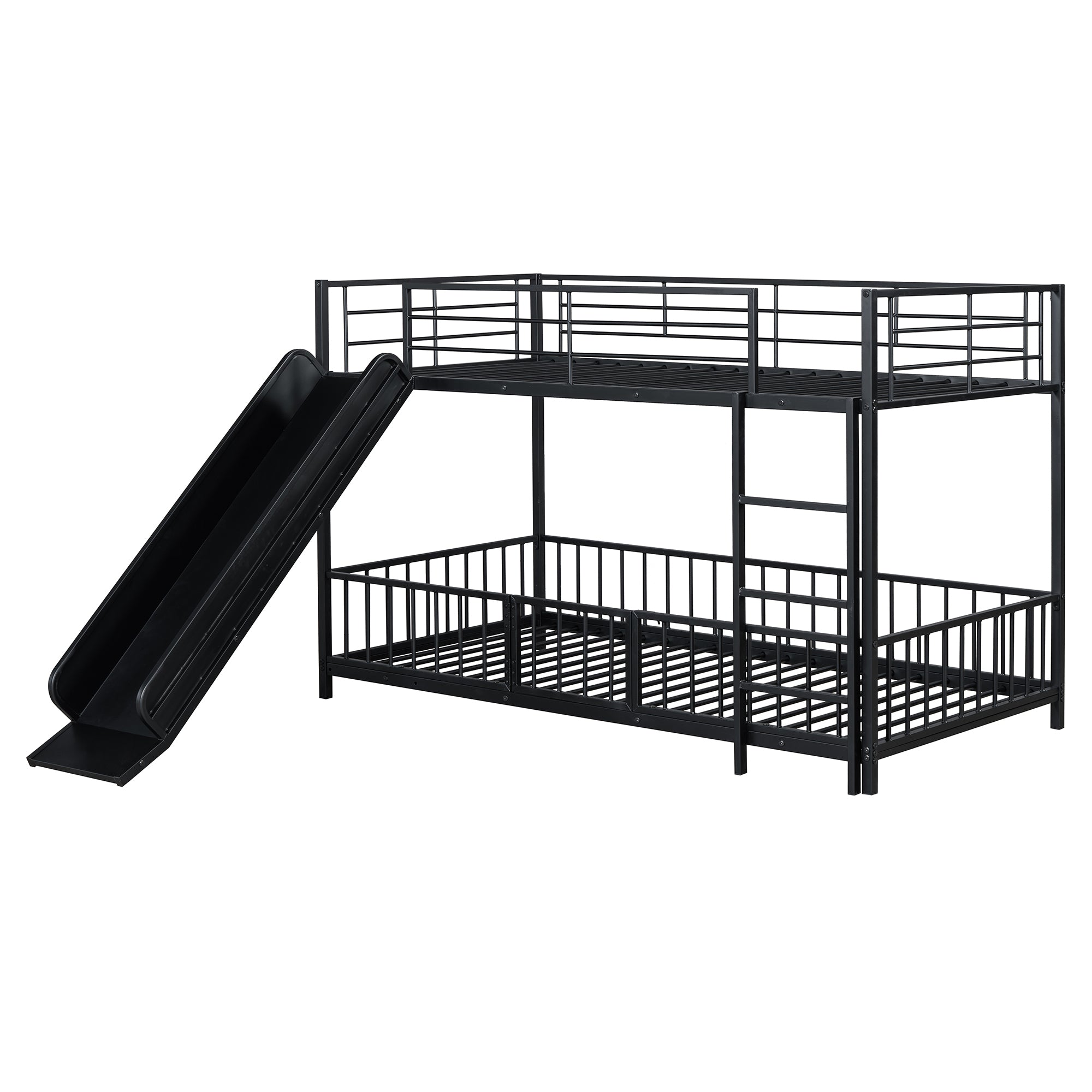 Twin over Twin Size Metal Bunk Bed with Slide and Guardrails, Black