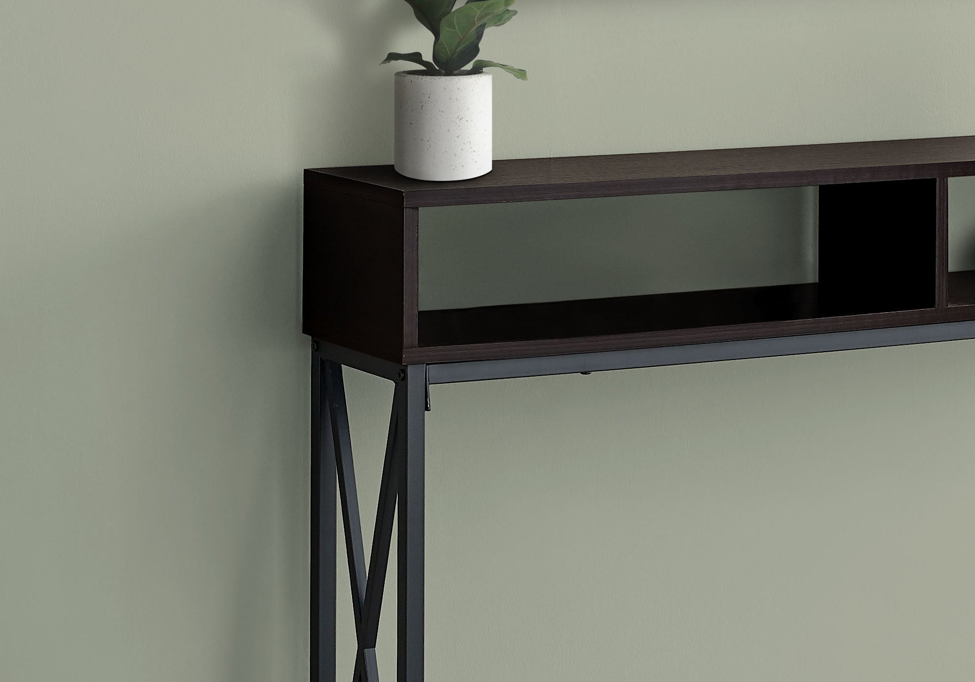 Accent Table, Console, Entryway, Narrow, Sofa, Living Room, Bedroom, Brown Laminate, Black Metal, Contemporary, Modern