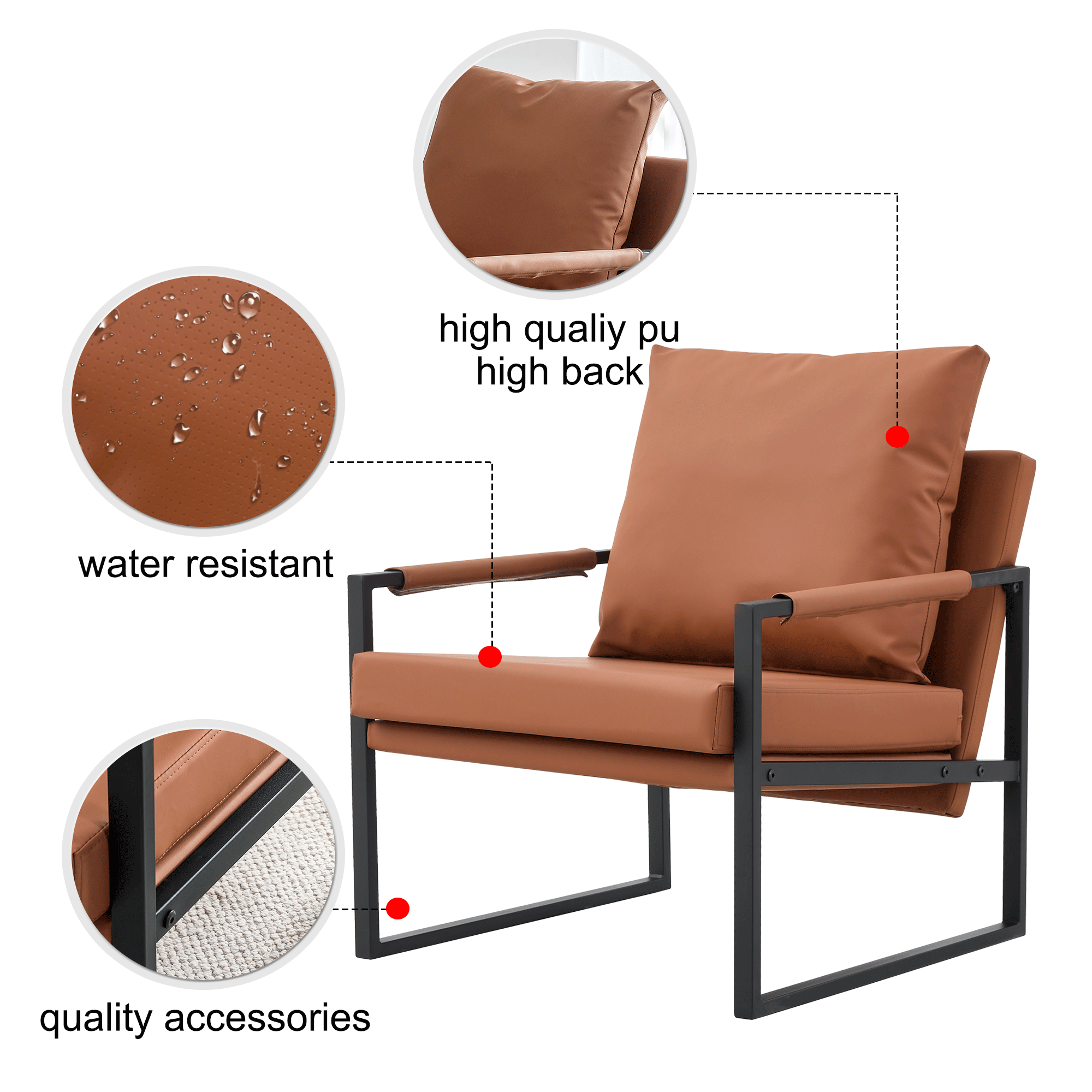 PU Leather Accent Arm Chair Mid Century Upholstered Armchair with Metal Frame Extra-Thick Padded Backrest and Seat Cushion Sofa Chairs for Living Room ( Brown PU Leather + Metal Frame + Foam)SF-008