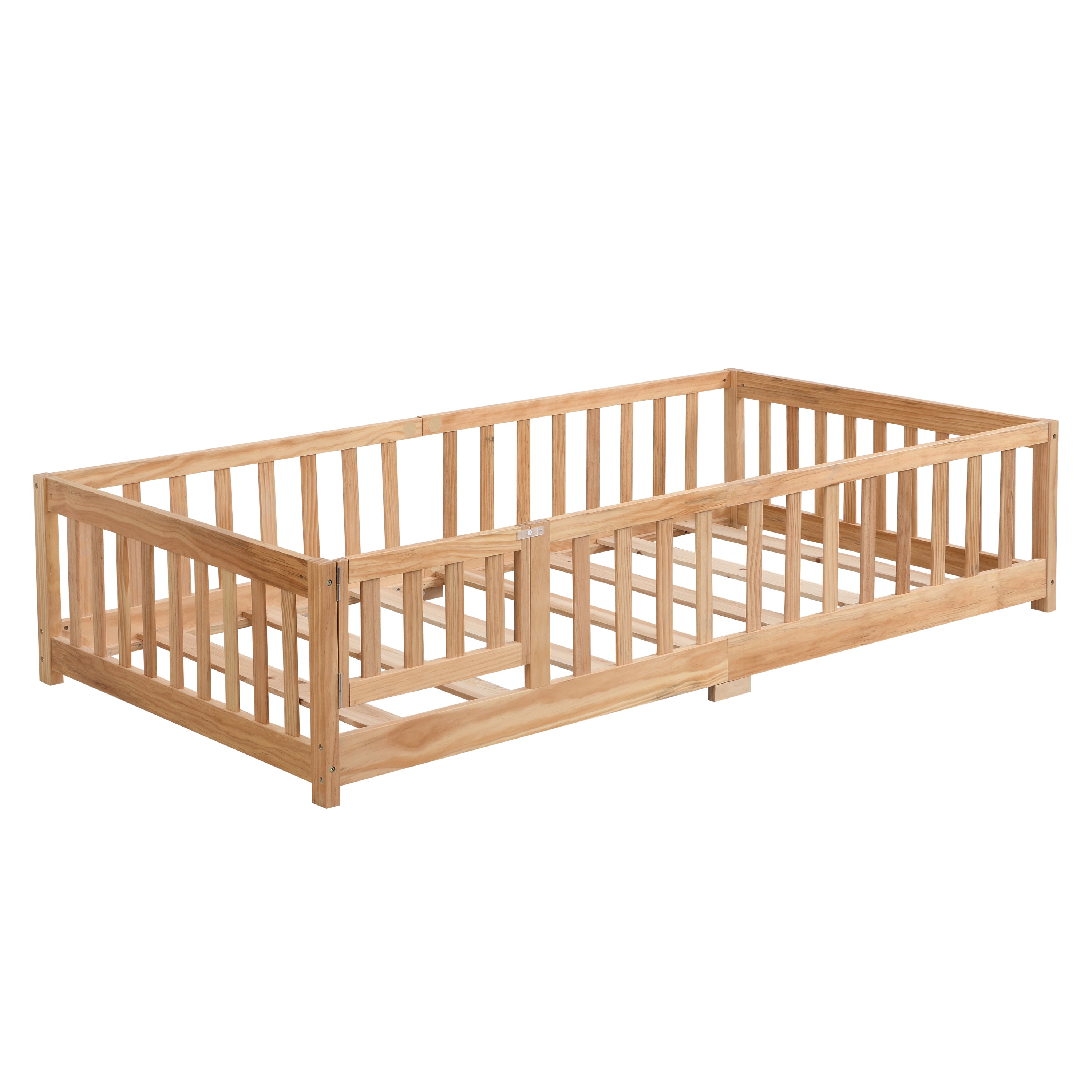 Twin Size Floor Bed with Door,Solid Wood Platform Bed Frame  with Fence,Suitable for children,Pine Wood,Natural