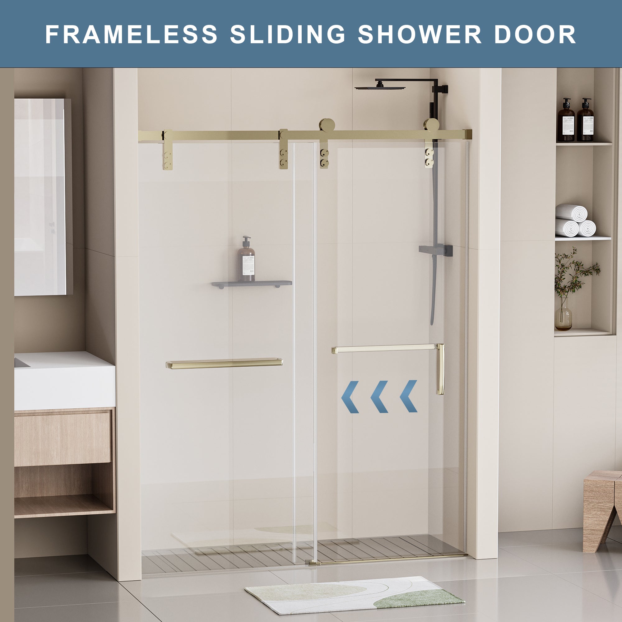 60" W x 76" H Frameless Soft-closing Shower Door, Single Sliding 5/16" (8mm) Clear Tempered Glass Shower Door with Explosion-Proof Film, Stainless Steel Hardware, Gold 24D211-60G-COMBO