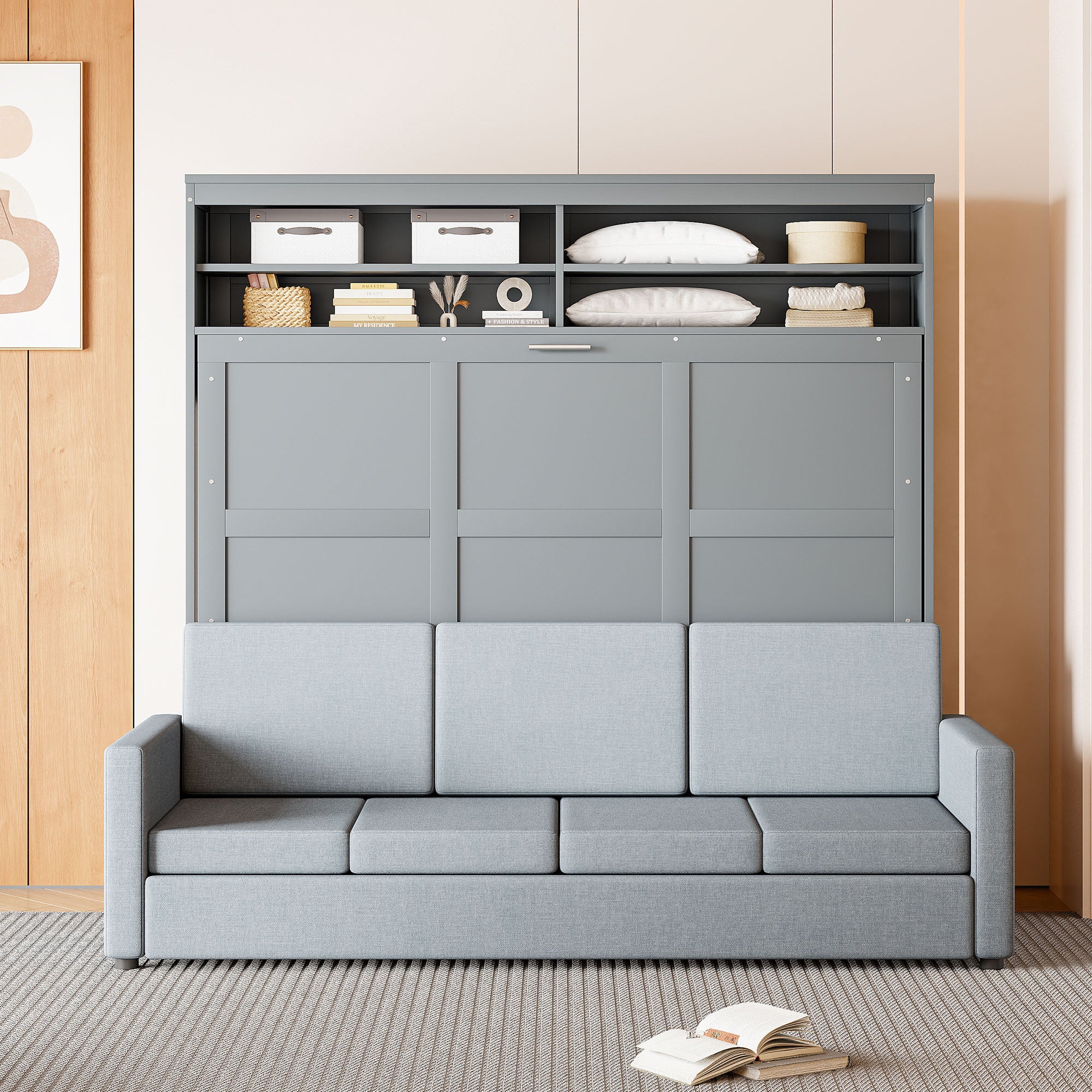 Queen Size Murphy Bed Wall Bed with Sofa,Gray