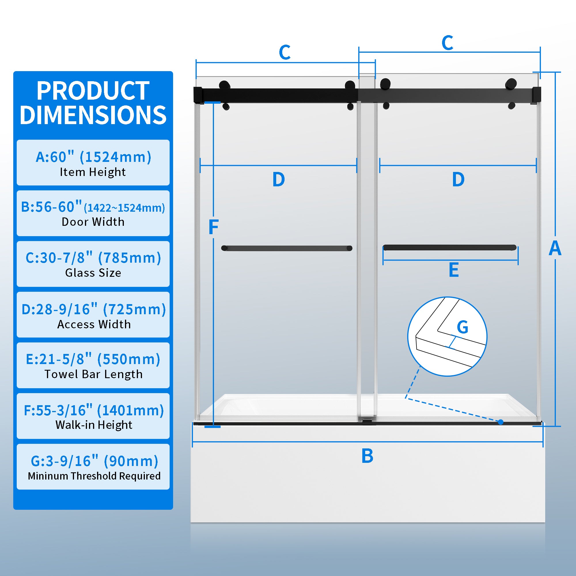 56" - 60" W × 60" H Double Sliding Framless Soft-Close Tub Door With 3/8 inches (10mm) Tempered Safety Glass, Matte Black Finish