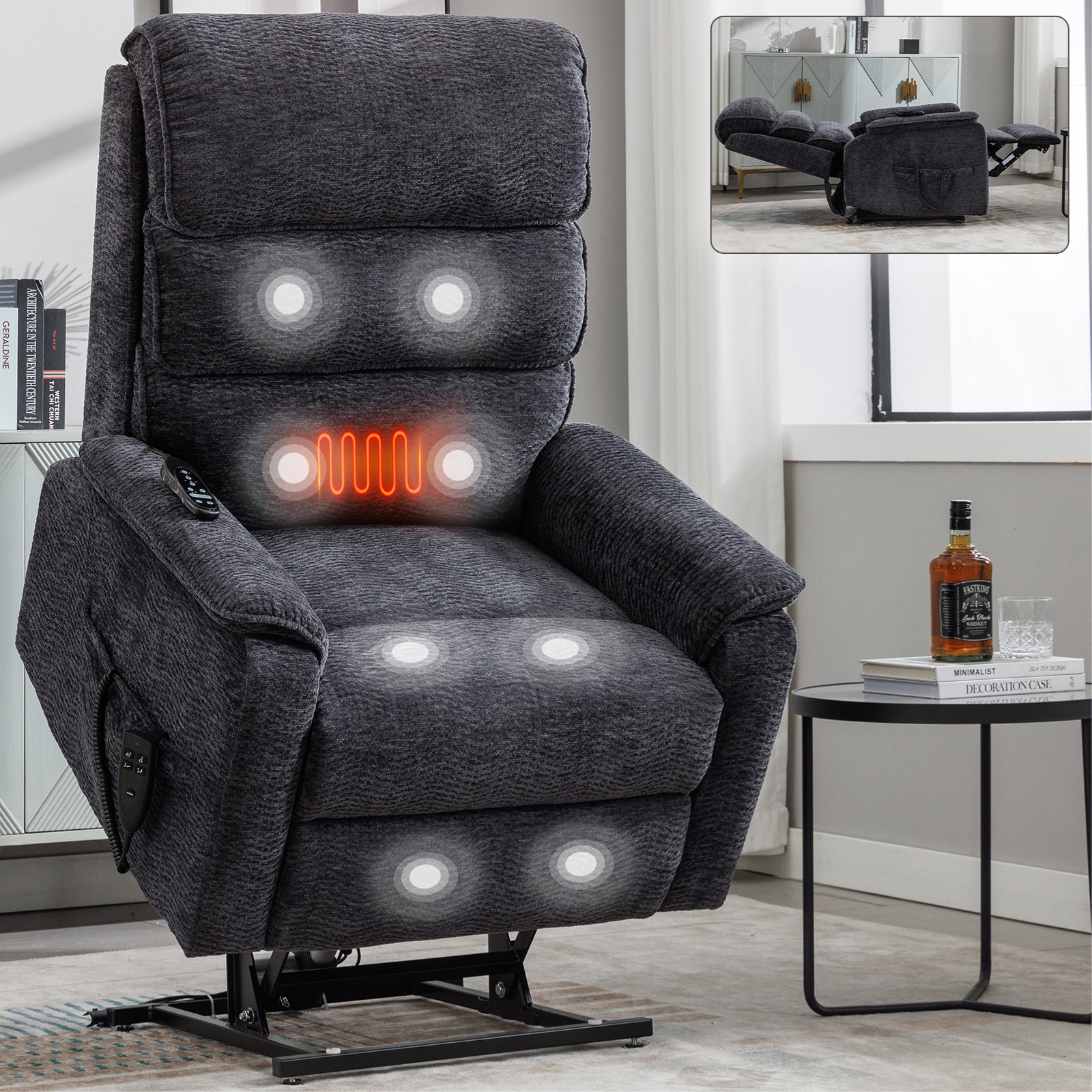 Grey Chenille Dual Motor Infinite Position Up to 350 LBS Power Lift Recliner Chair with Power-Remote, Heat Massage and Heavy Duty Motion Mechanism