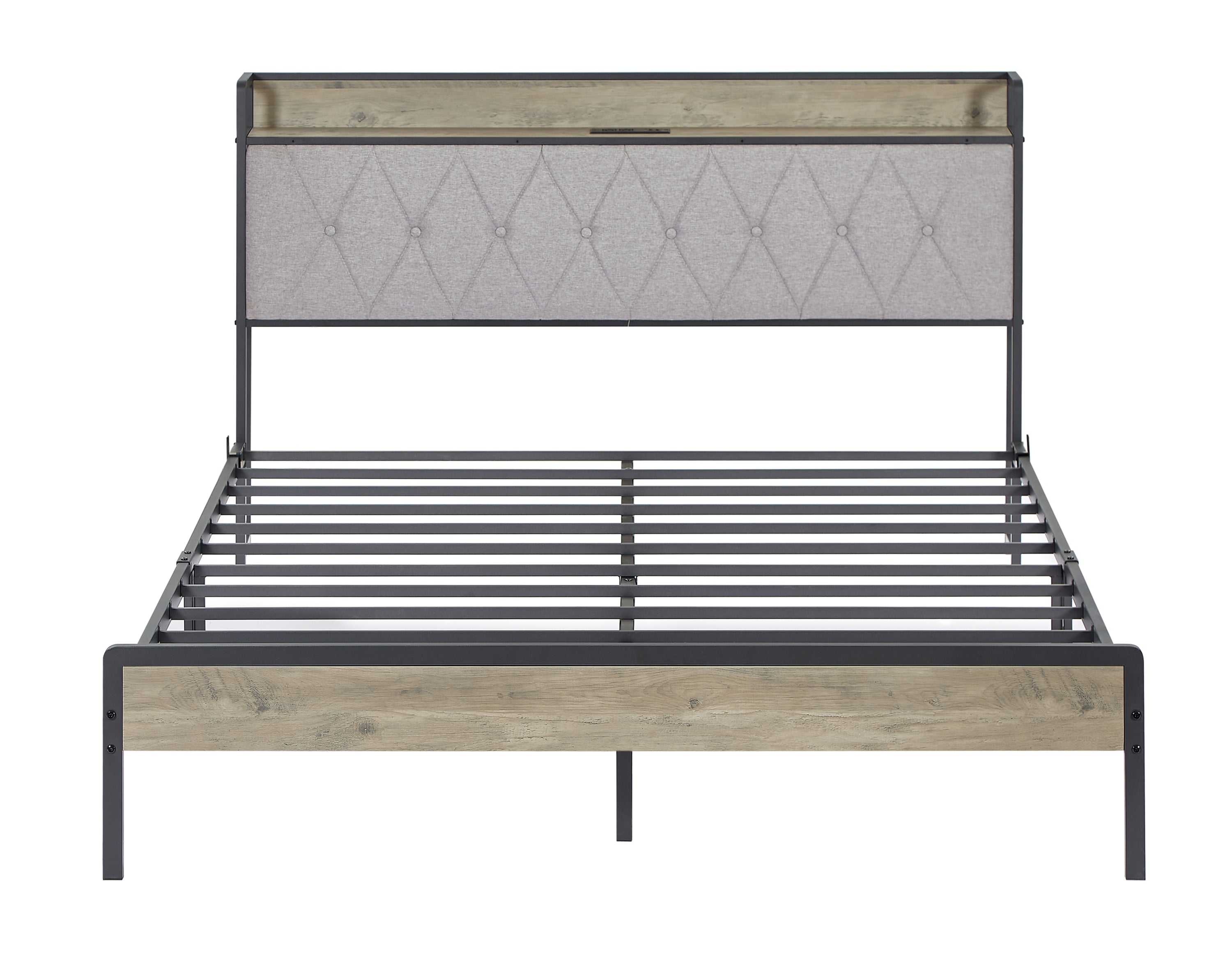 Bed frame with charging station Queen size,Grey, 87.8'' L x 61.8'' W x 39.2'' H.