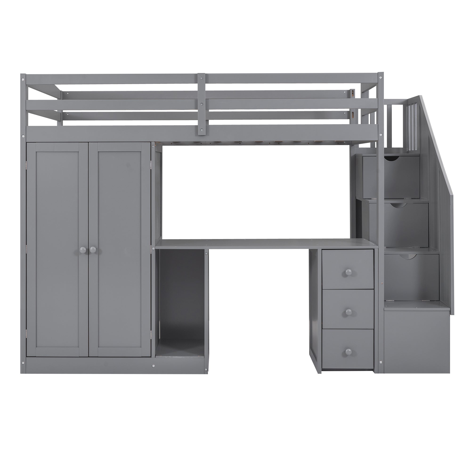 Twin Size Loft Bed with Wardrobe and Staircase, Desk and Storage Drawers and Cabinet in 1,Gray