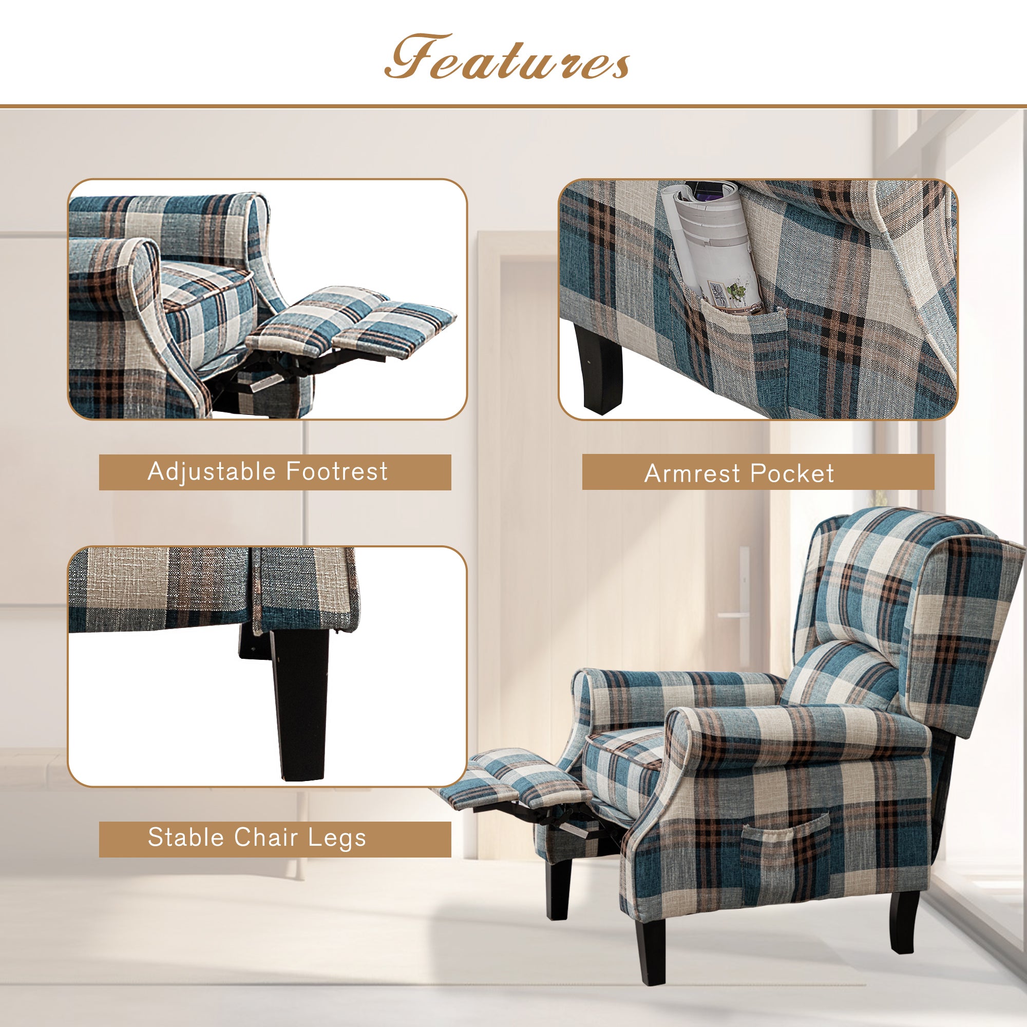 Vintage Armchair Sofa Comfortable Upholstered leisure chair / Recliner Chair for Living Room(Blue Check)