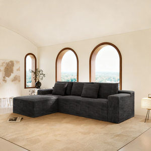 Grey corduroy modular sectional sofa, plush fabric detail view