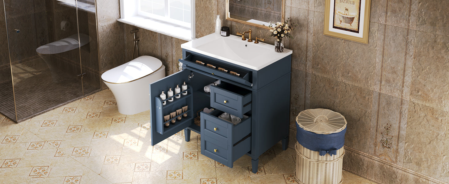 30'' Bathroom Vanity with Top Sink, Modern Bathroom Storage Cabinet with 2 Drawers and a Tip-out Drawer, Single Sink Bathroom Vanity