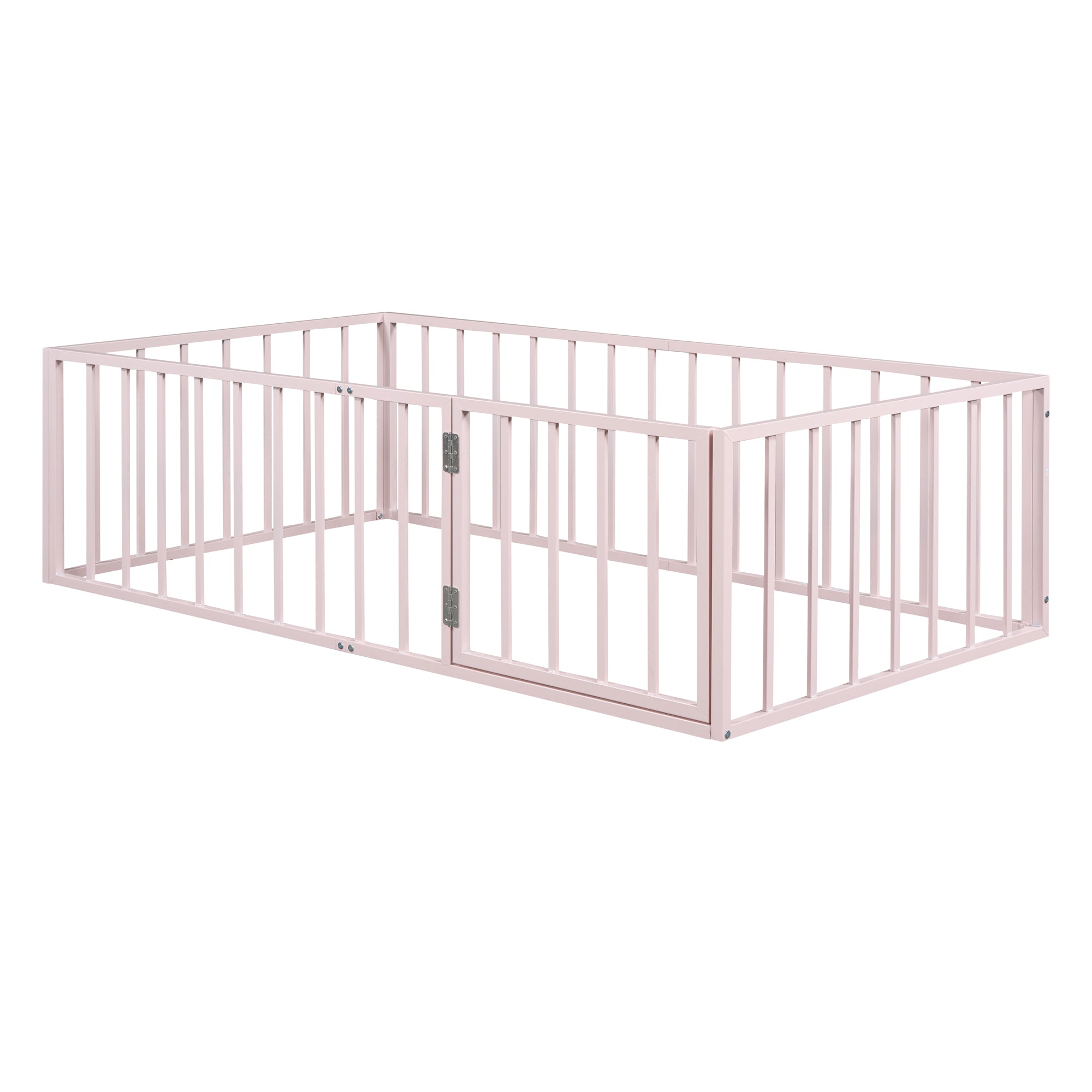 Twin Size Metal Floor Bed Frame with Fence and Door, Pink