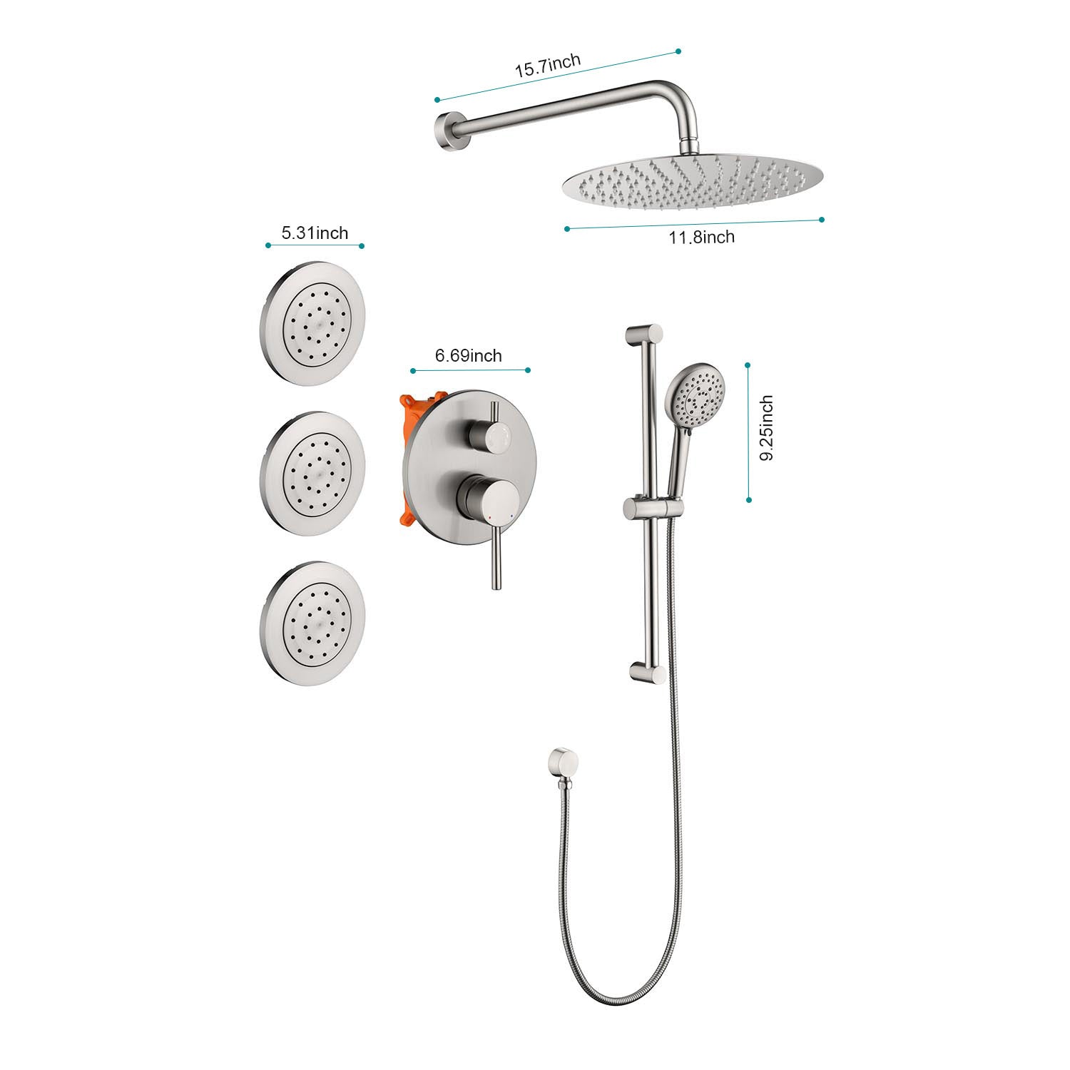 Shower System with Shower Head, Hand Shower, Slide Bar, Bodysprays, Shower Arm, Hose, Valve Trim, and Lever Handles