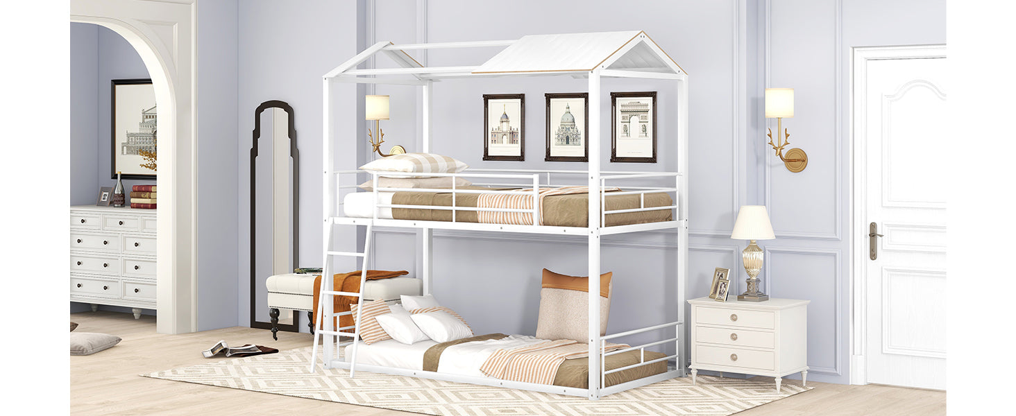 Twin Over Twin Bunk Bed Metal Bed with Half Roof, Guardrail and Ladder White