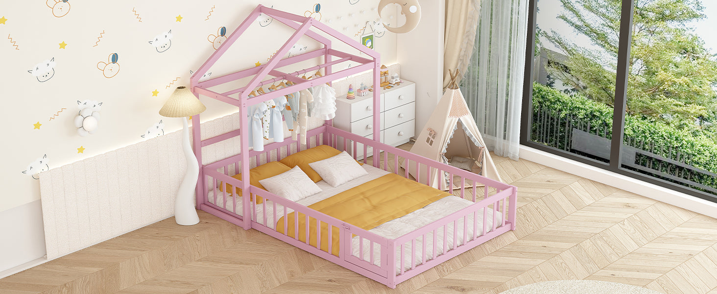 Wooden Floor Bed with Fence Railings and Detachable House Shape Headboard,Full Size Bed with Kids Dress Up Rack, Kids Montessori Style Playhouse Frame for Girls Boys, Pink