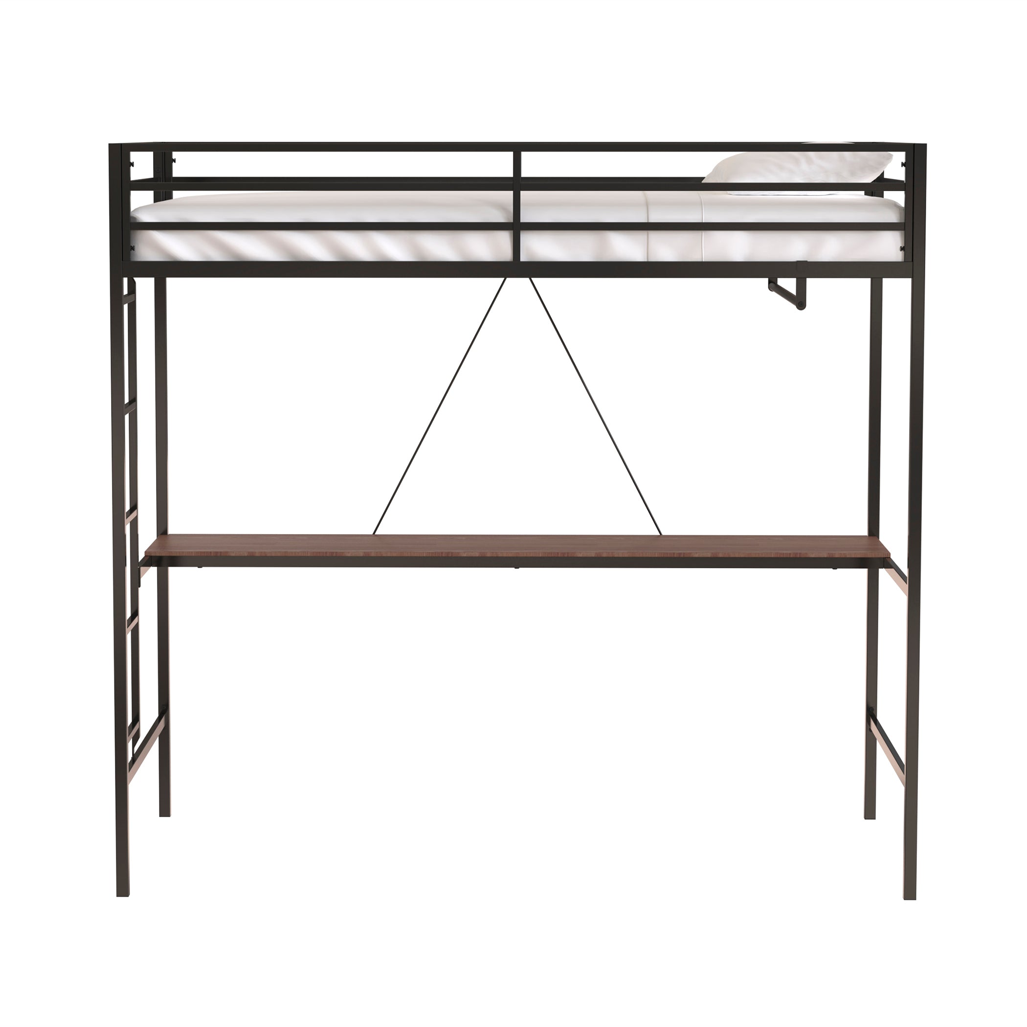 Adam Sturdy Twin Loft Bunk Black with Cinnamon Wood Desk and Closet Rod for Adult and Kids, and Easy Climbing with Sturdy Ladder, Space Saving