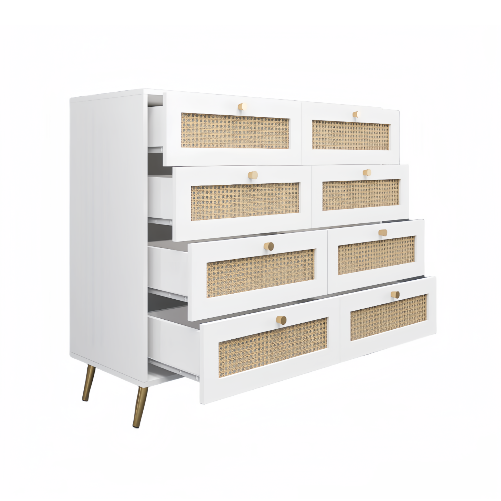 White Color 8 Drawers Chest of Drawers with Rattan Drawer Face Golden Legs and Handles