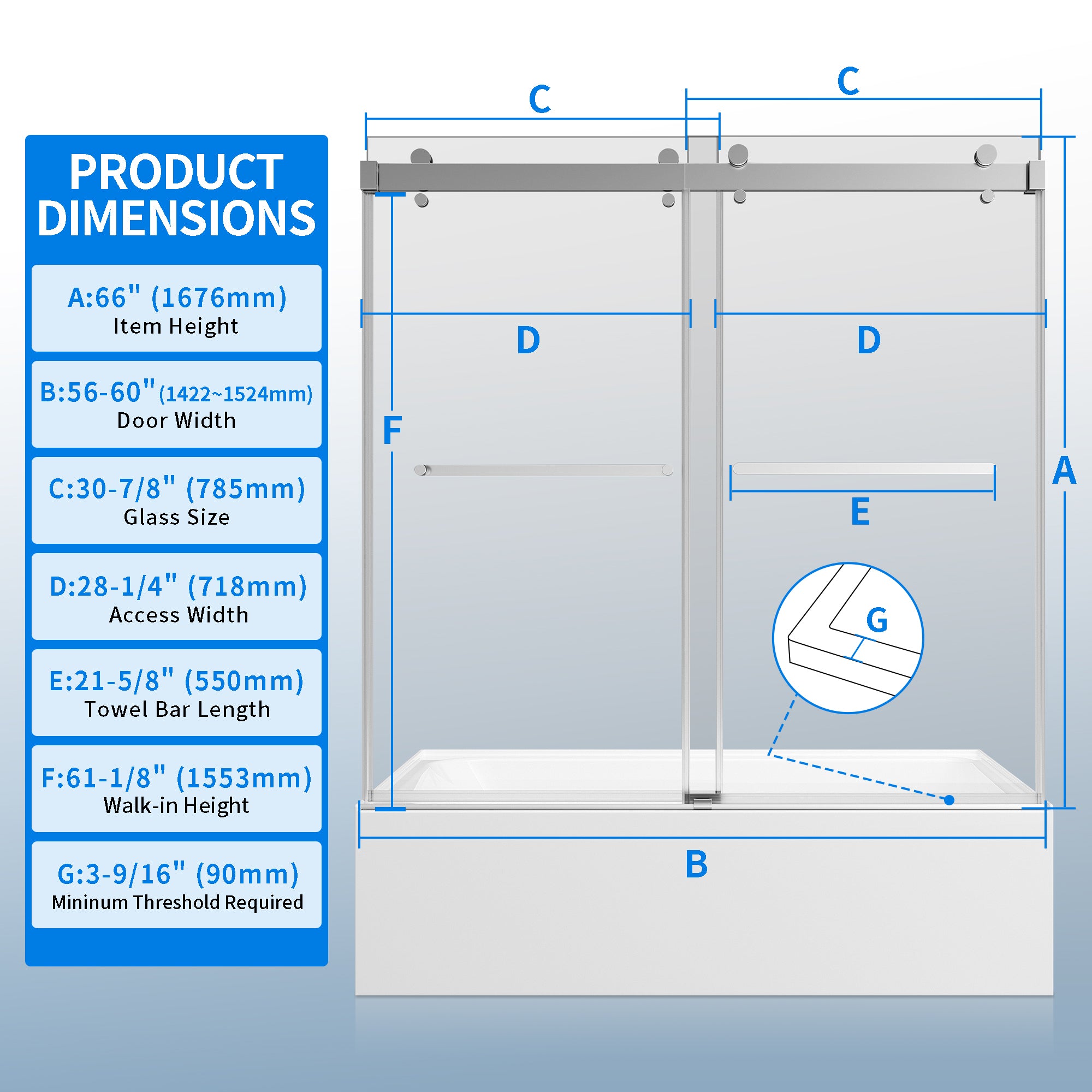 56" - 60" W × 66" H Double Sliding Framless Soft-Close Tub Door With 3/8 inches (10mm) Tempered Safety Glass, Chrome Finish