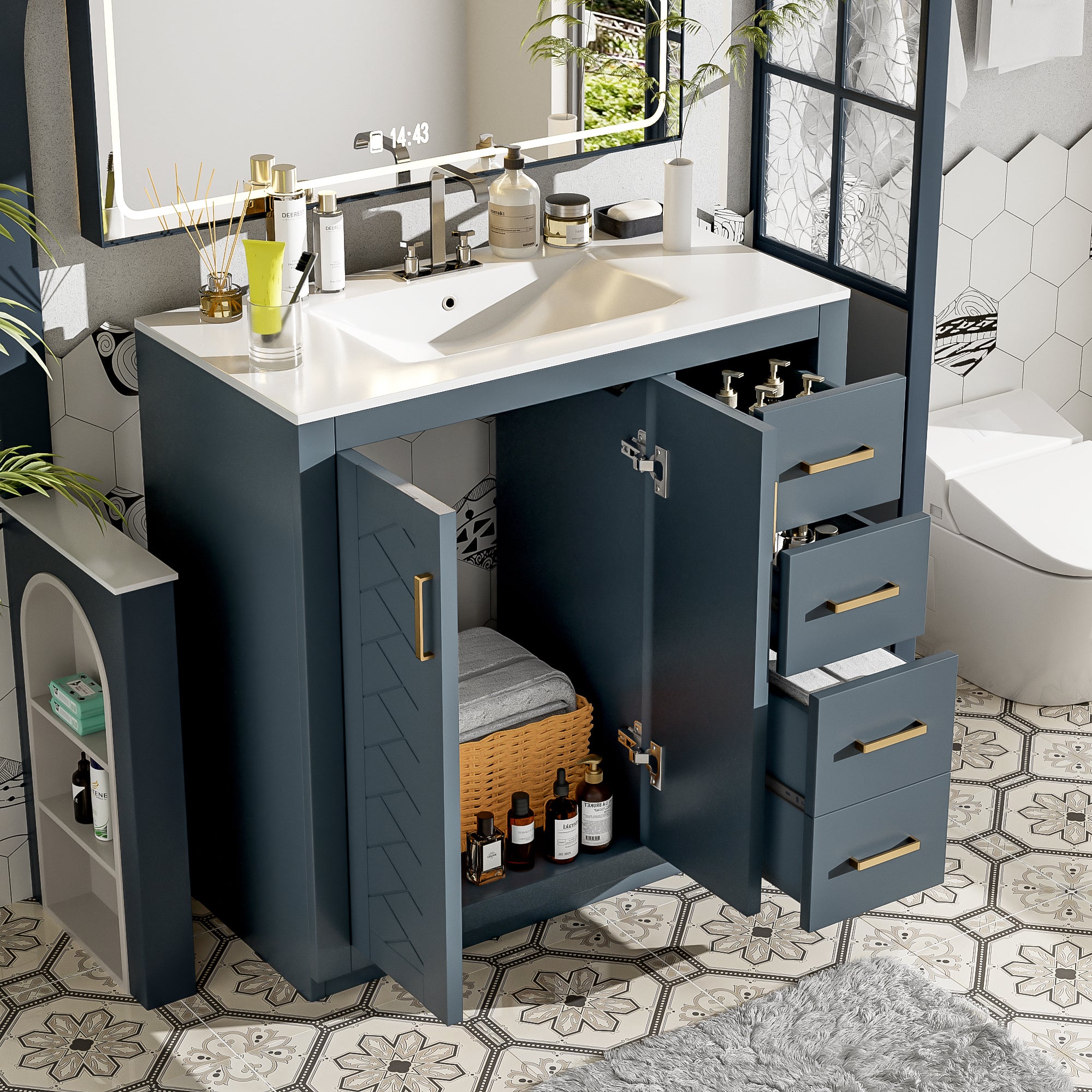 Ceramic sink top detail of 36-inch bathroom vanity combo